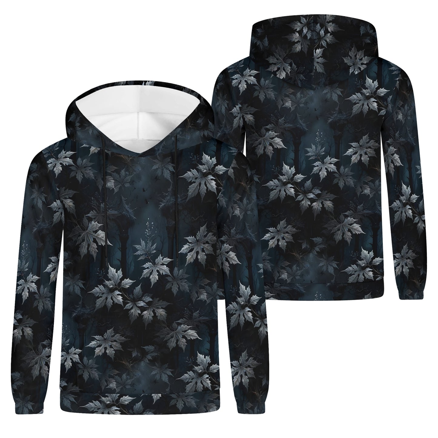 Unisex Gothic Overgrowth Cotton Terry Hoodie with dark leafy pattern by Loud and Lethal