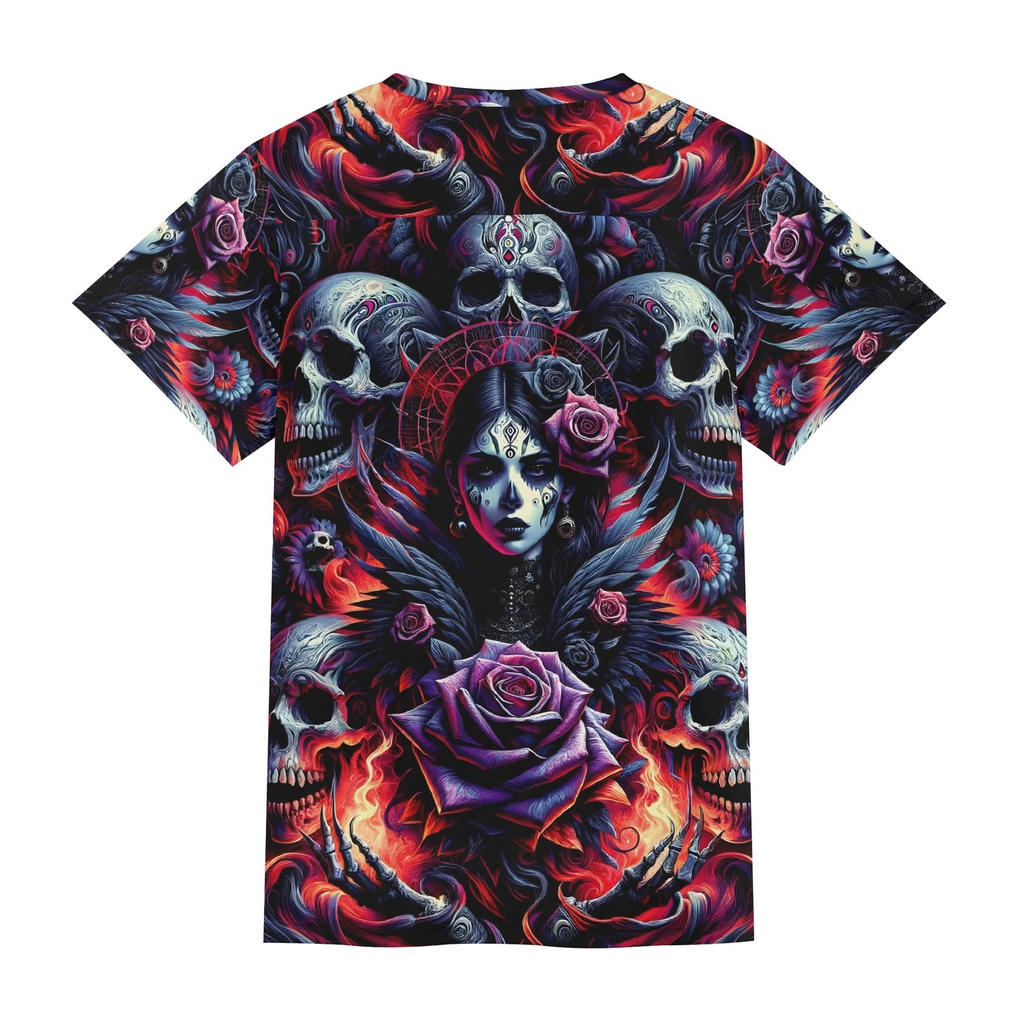 Gothic Symphony Lycra T-Shirt featuring dark skulls, roses, and gothic female design in vibrant colors