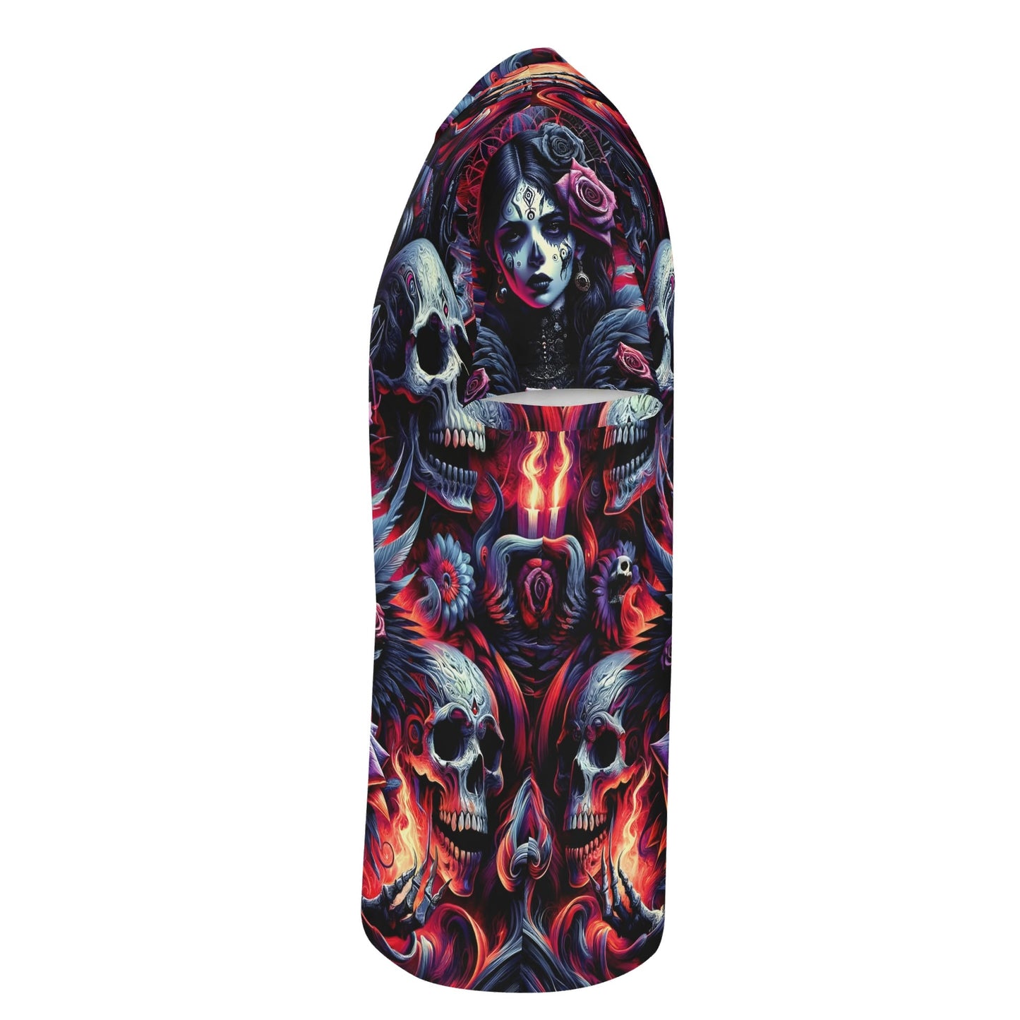Loud and Lethal Gothic Symphony Lycra T-Shirt with detailed skulls and gothic woman design in vibrant red and black colors