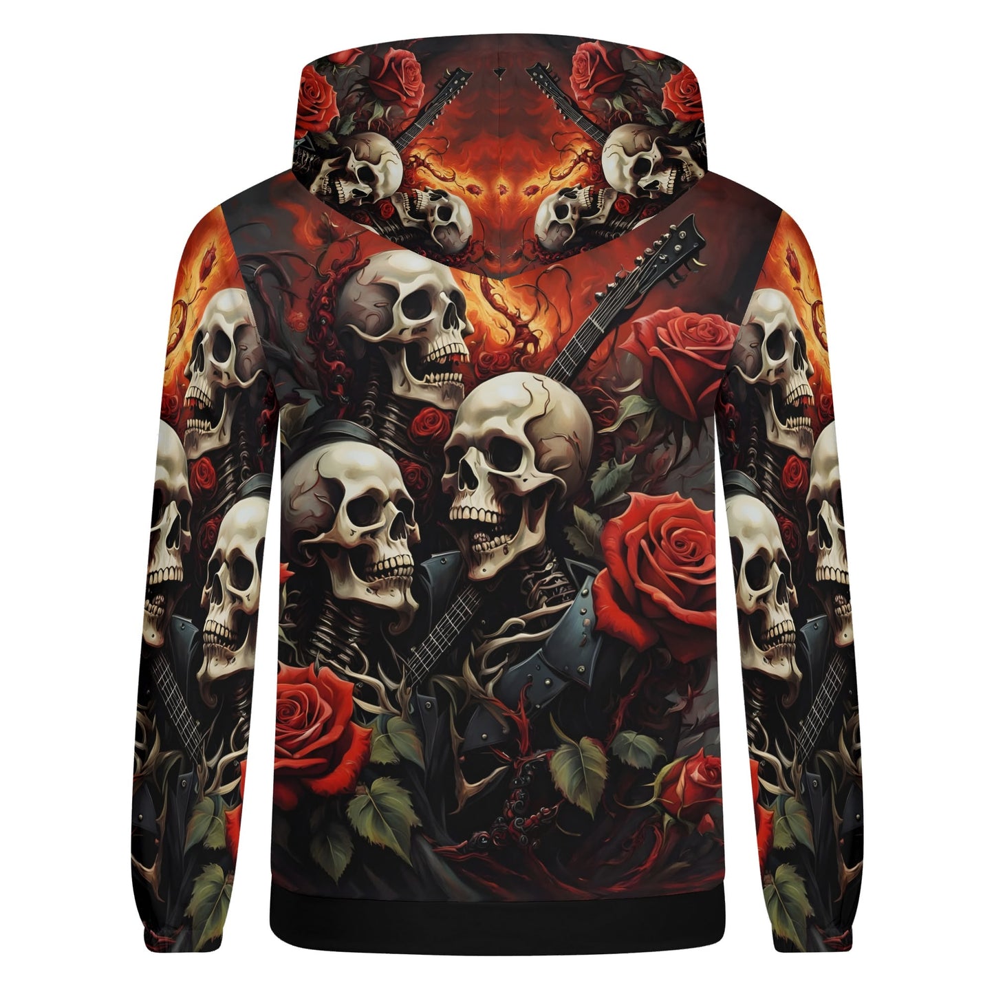 A Gothic Symphony Poly French Terry Hoodie with skulls, roses, and guitars in dark vibrant colors