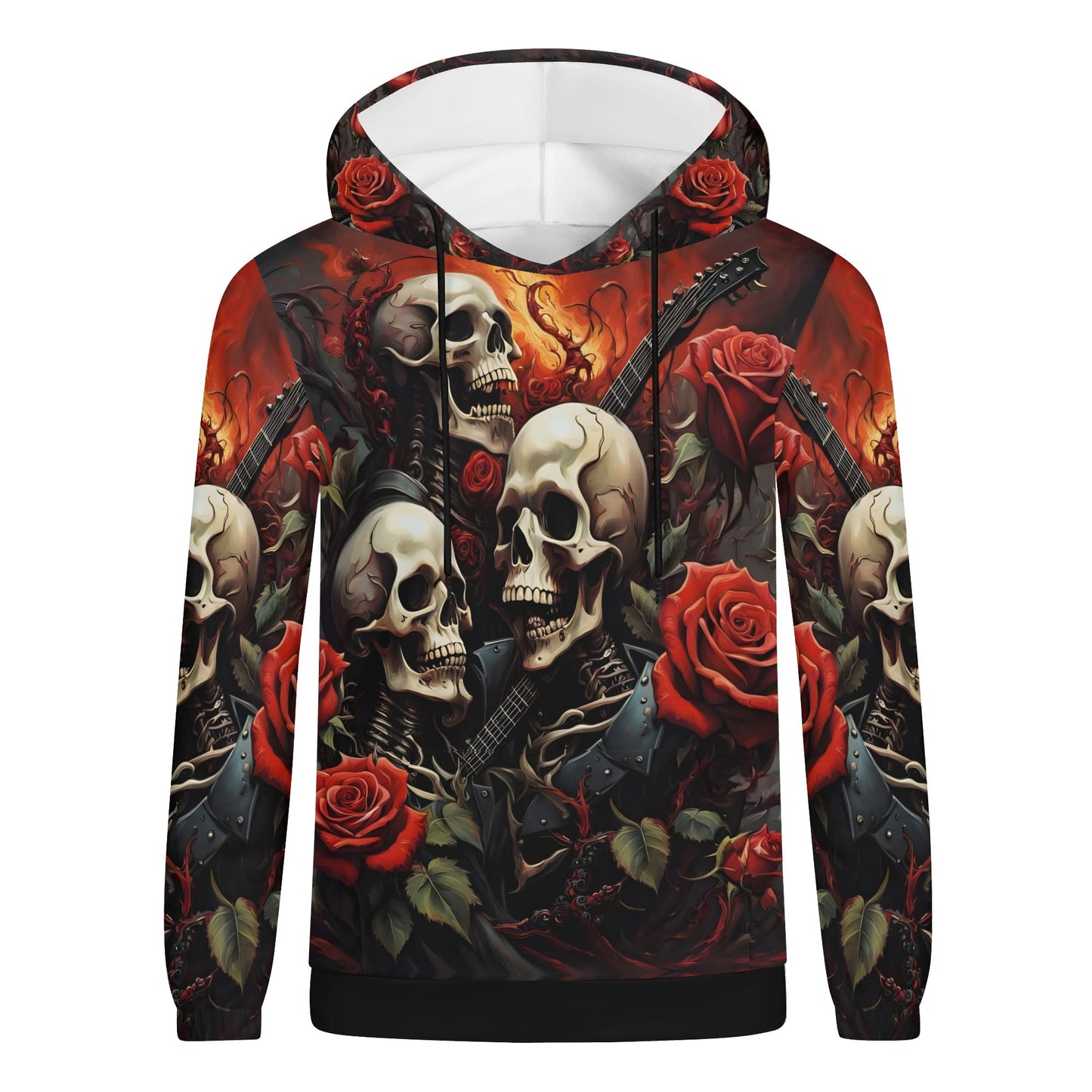 A Gothic Symphony Poly French Terry Hoodie with skulls, red roses, and guitars in dark red and black tones from Loud and Lethal