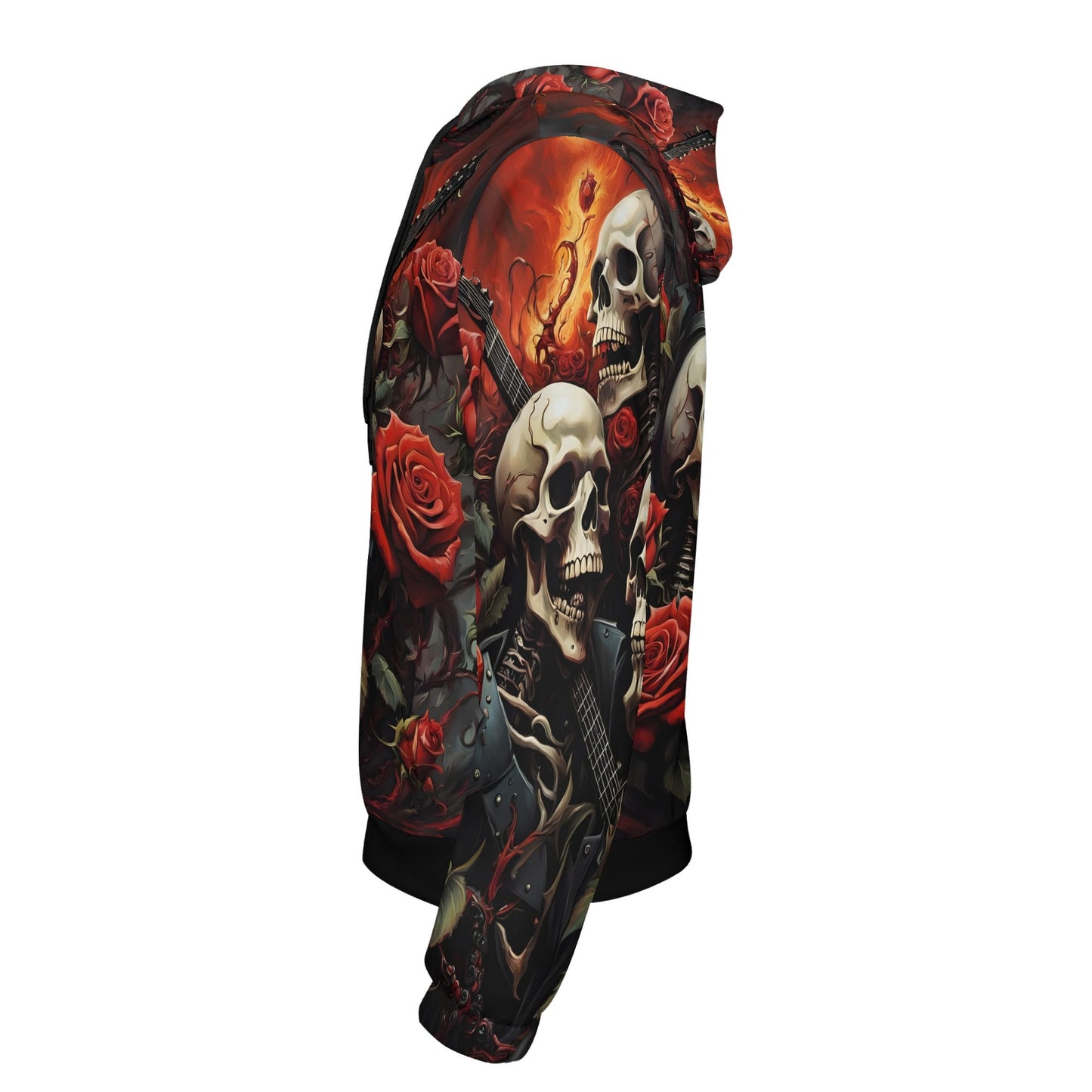 Side view of a Loud and Lethal A Gothic Symphony Poly French Terry Hoodie with skull and rose graphic design
