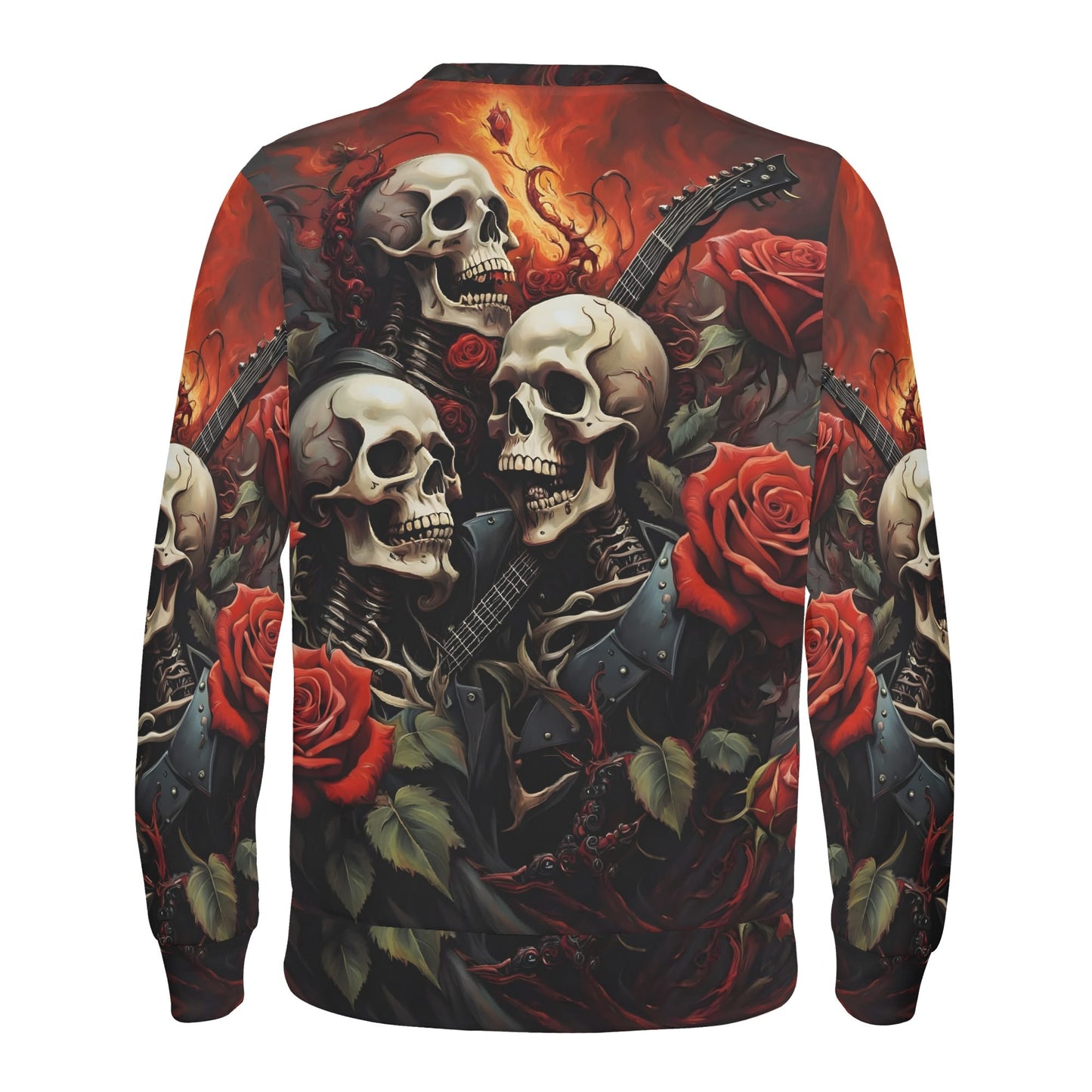 Loud and Lethal unisex sweater with skulls guitars and red roses A Gothic Symphony Cotton Terry Sweatshirt.
