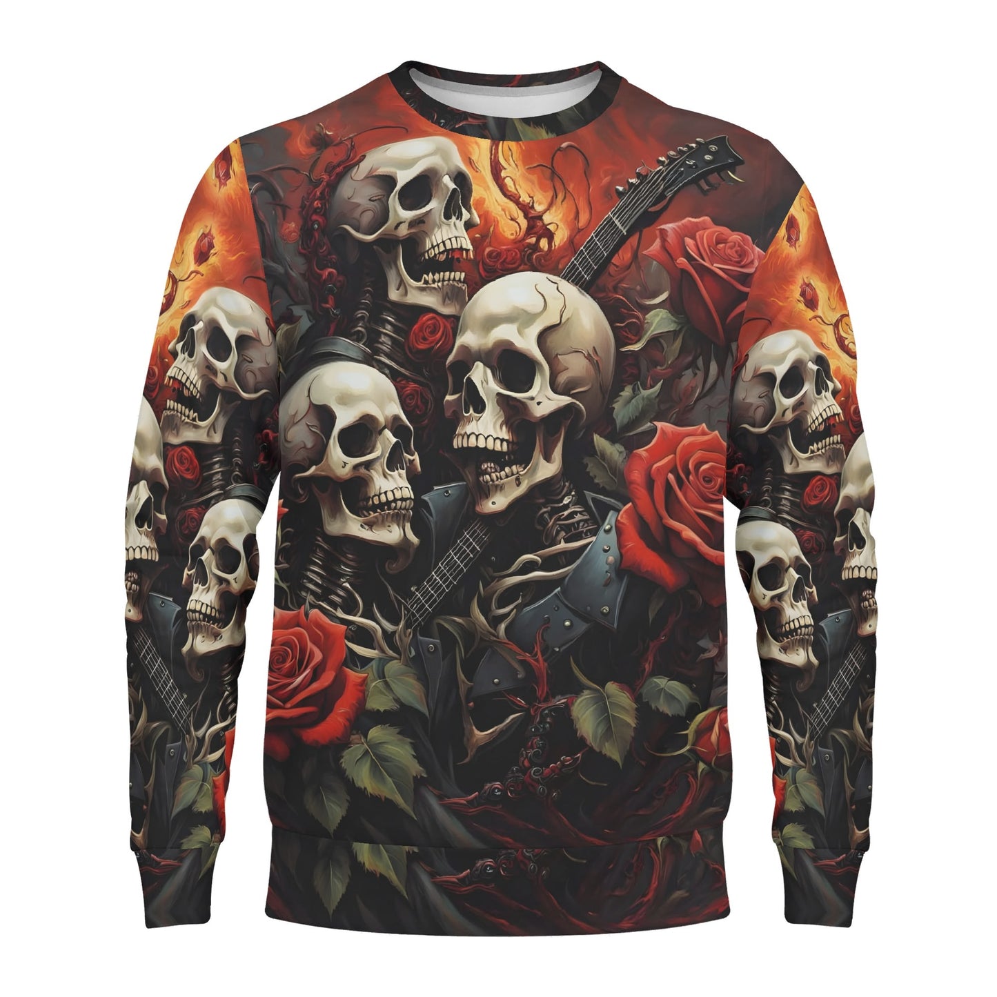 Loud and Lethal unisex sweater with skulls red roses and electric guitar print A Gothic Symphony Cotton Terry Sweatshirt.
