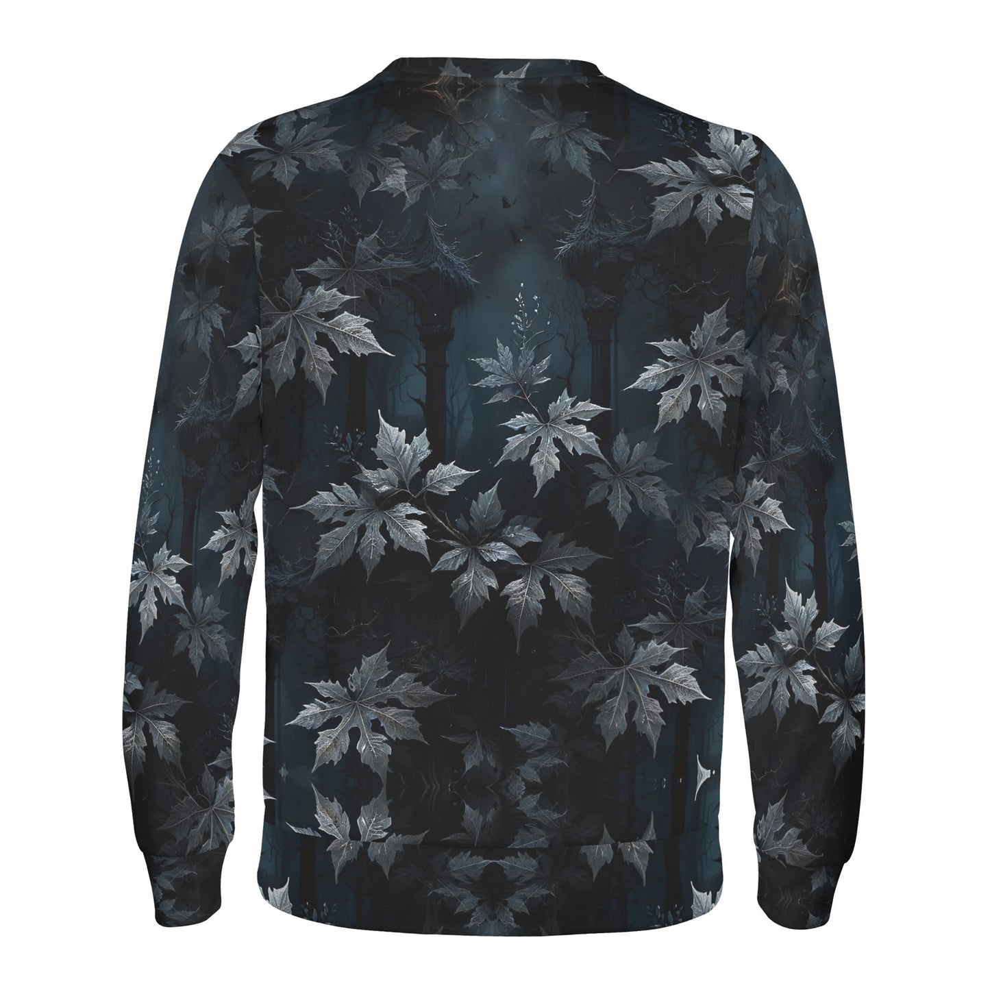 Loud and Lethal unisex sweater back view featuring Gothic Overgrowth Poly French Terry Sweatshirt dark leaf print