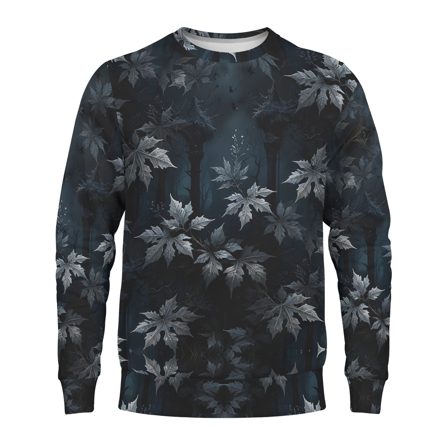 Gothic Overgrowth Poly French Terry Sweatshirt dark unisex crewneck sweater with gray leaf overgrowth pattern