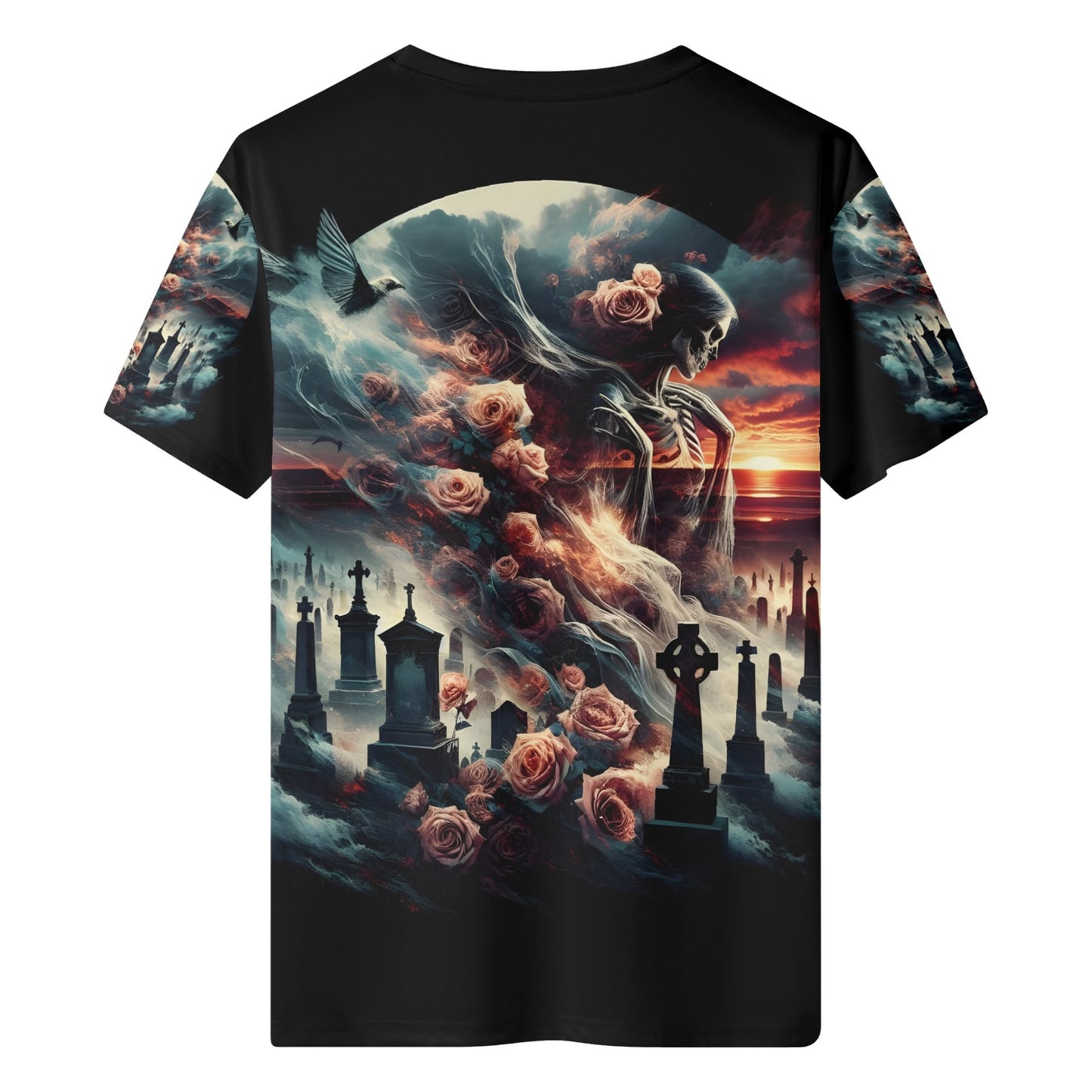 Graveyard Requiem 100 Cotton T-Shirt with gothic skeleton and rose design on black unisex tee