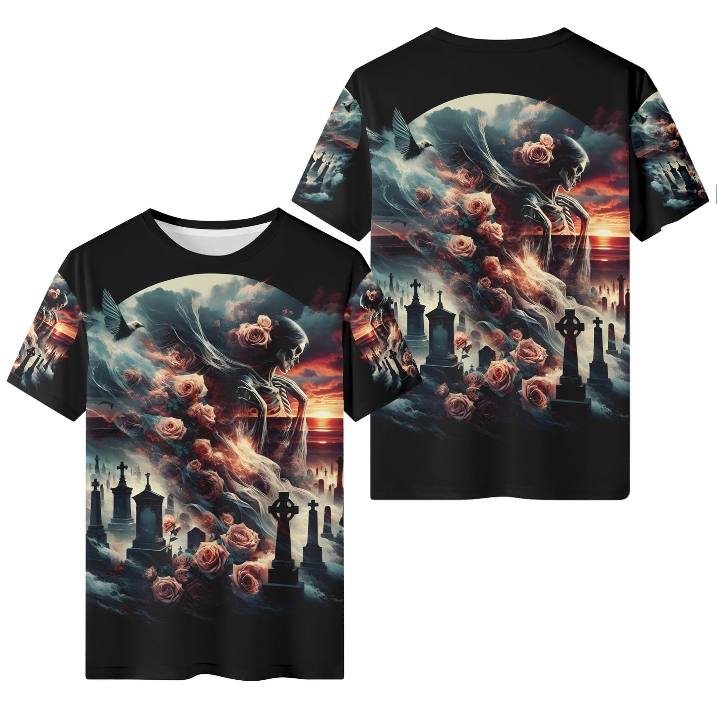 Loud and Lethal Graveyard Requiem 100 Cotton T-Shirt with skeleton and rose graveyard design