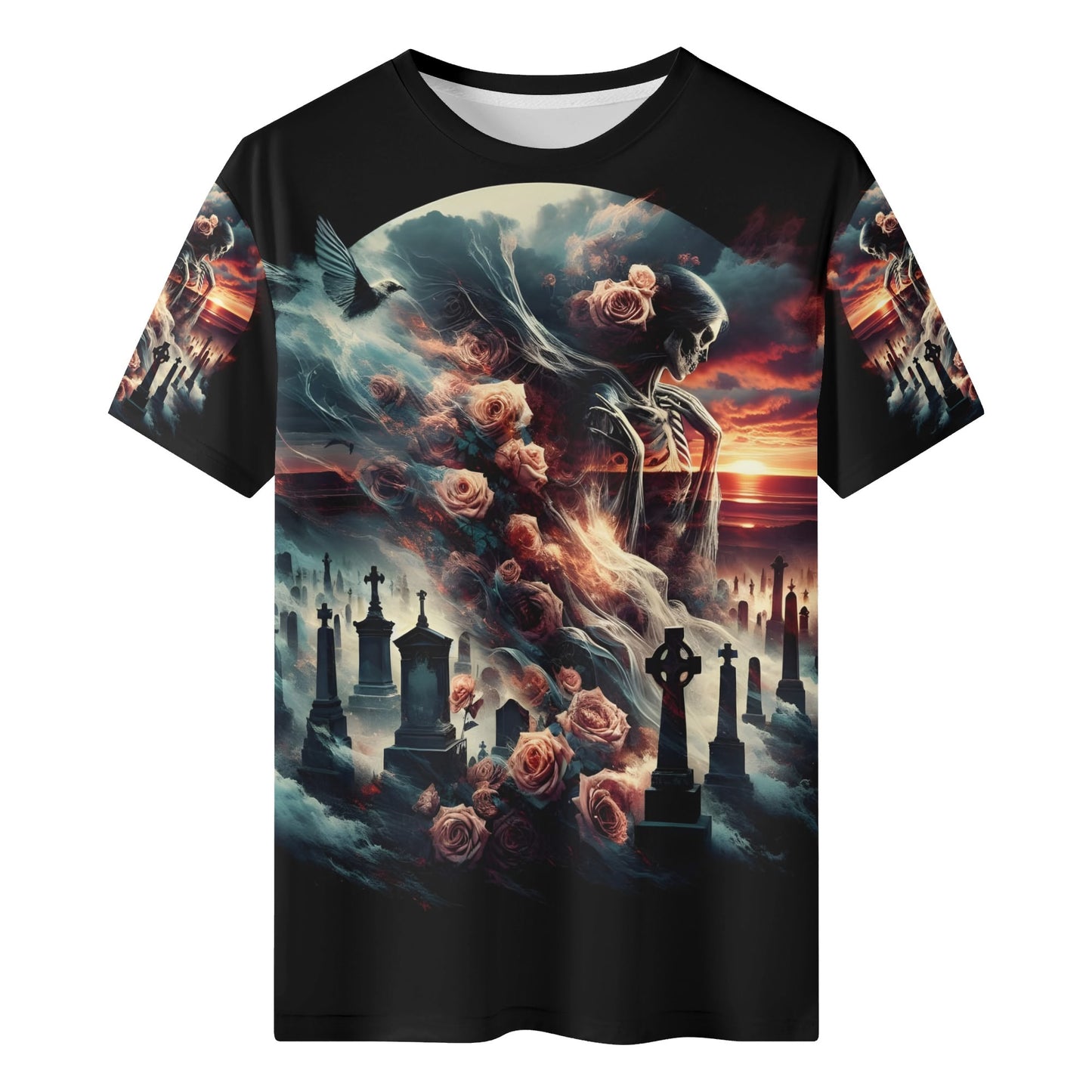 Graveyard Requiem 100 Cotton T-Shirt with spooky skeleton and rose design over a graveyard scene