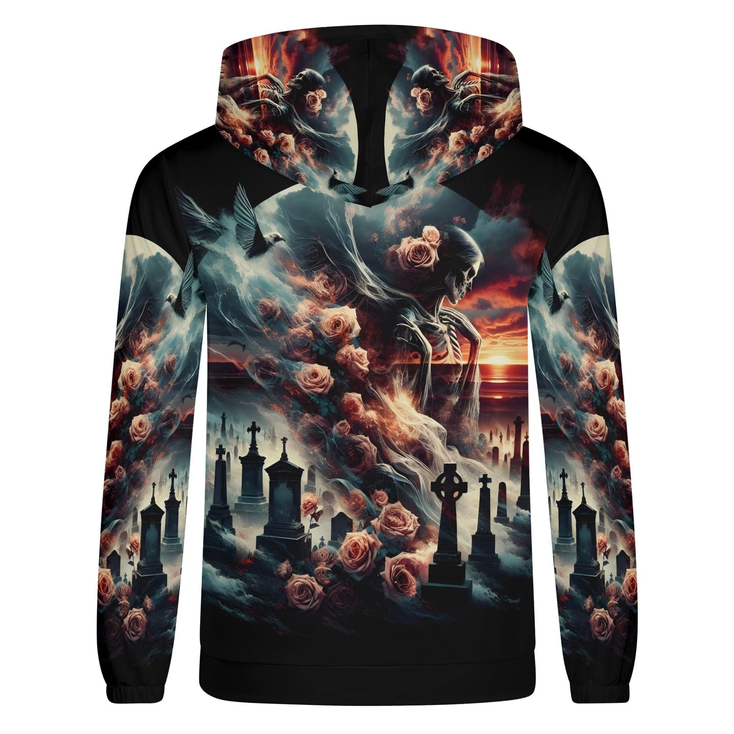 Graveyard Requiem Poly French Terry hoodie with skeleton and rose design over cemetery scene