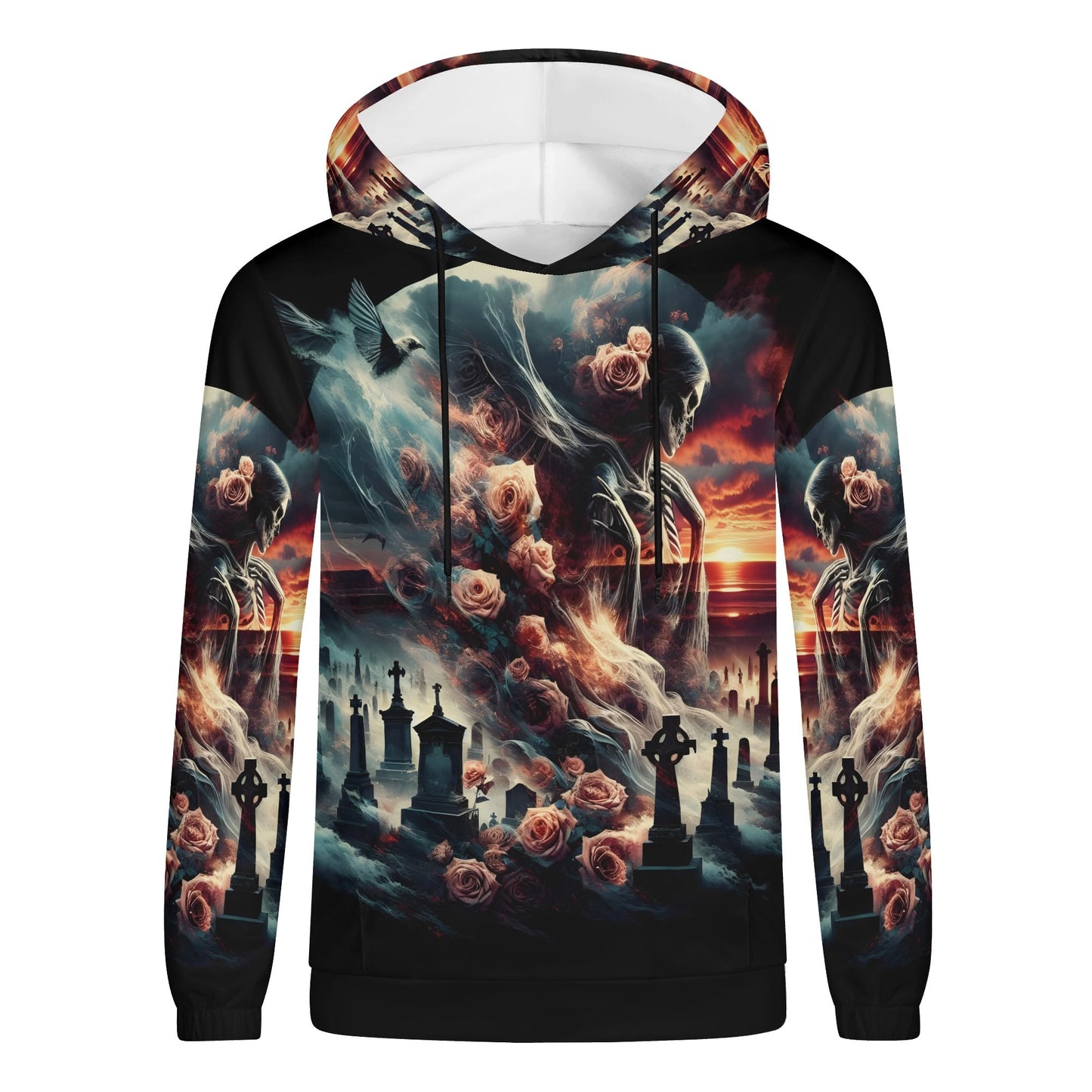 Graveyard Requiem Poly French Terry hoodie featuring a skeleton, roses, and gravestones in a dark, moody cemetery scene