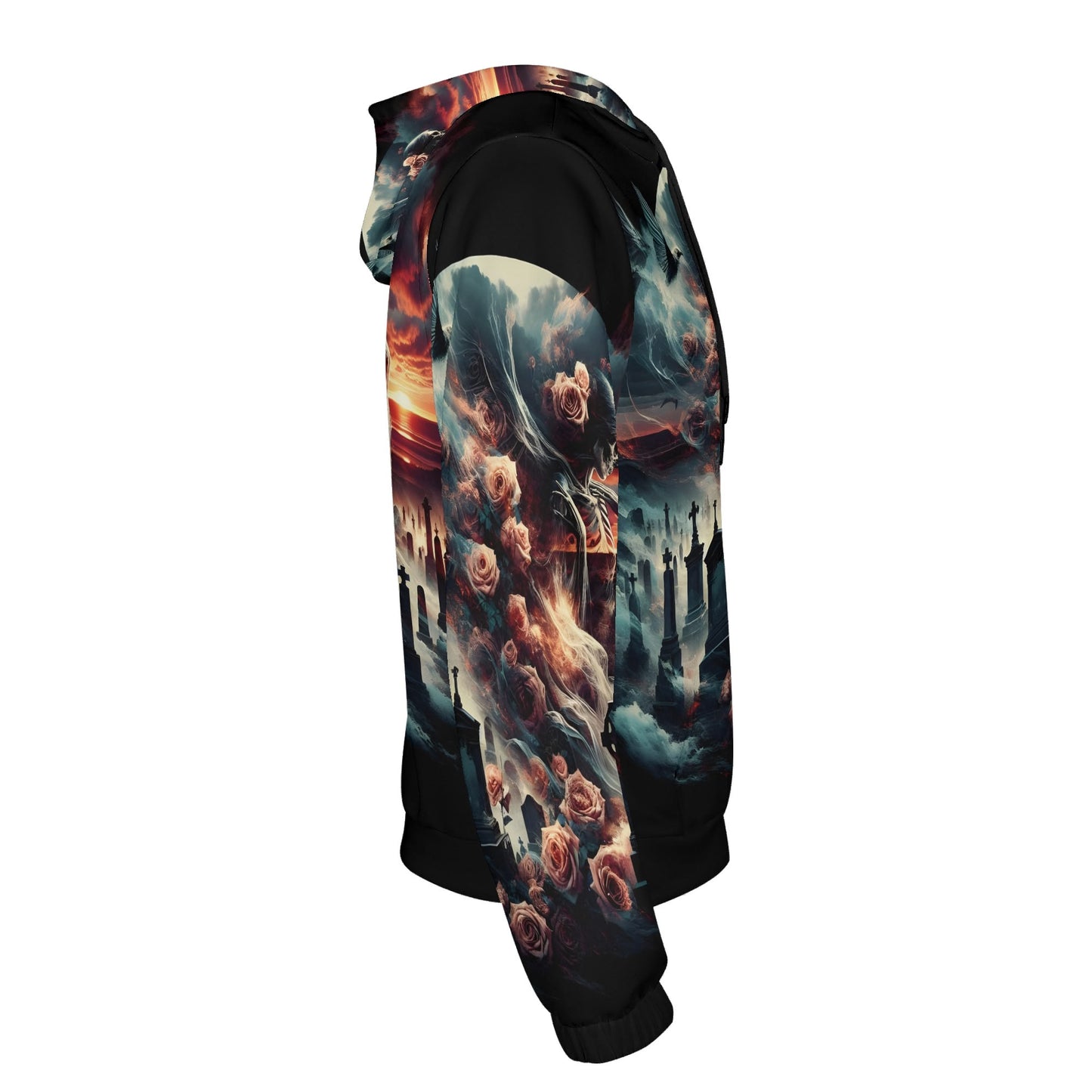 Side view of Loud and Lethal Graveyard Requiem Poly French Terry hoodie with dark gothic graveyard and rose design
