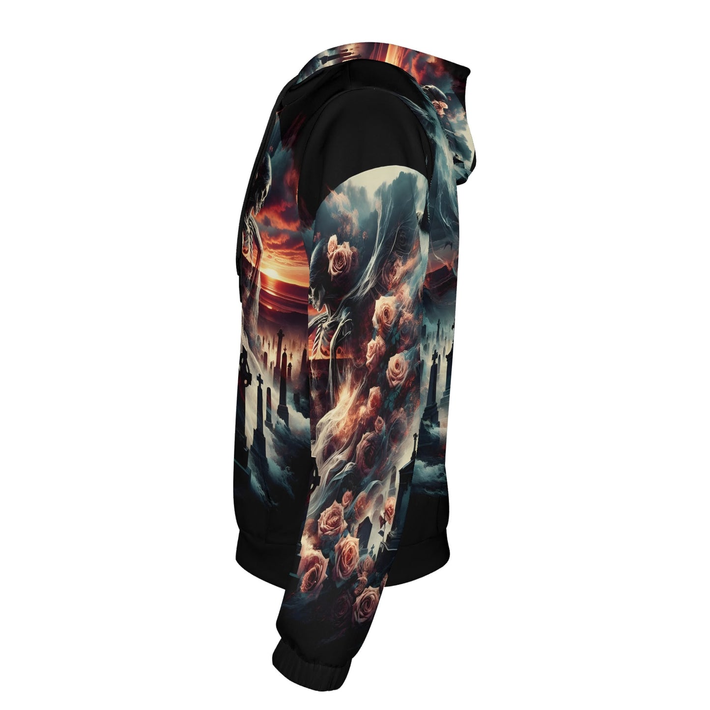 Graveyard Requiem Poly French Terry hoodie by Loud and Lethal with dark floral and sunset graveyard design