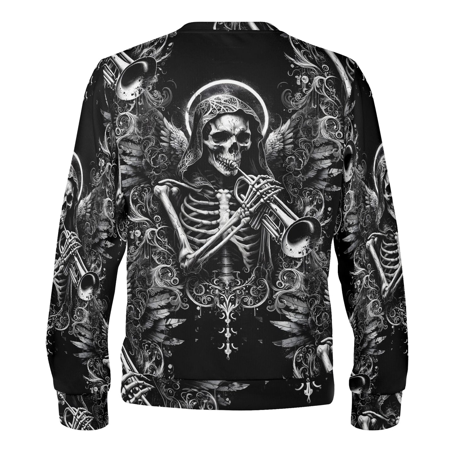Trumpet of the Dead Cotton Terry Sweatshirt Loud and Lethal unisex black pullover with skeleton playing trumpet and gothic wings