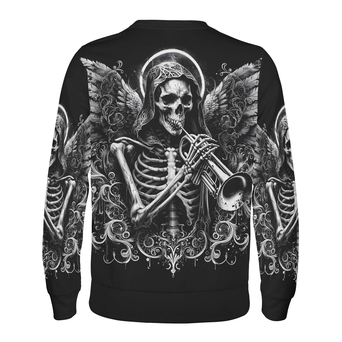 Unisex black sweatshirt with skeleton angel playing trumpet and ornate filigree Trumpet of the Dead Poly French Terry Sweatshirt
