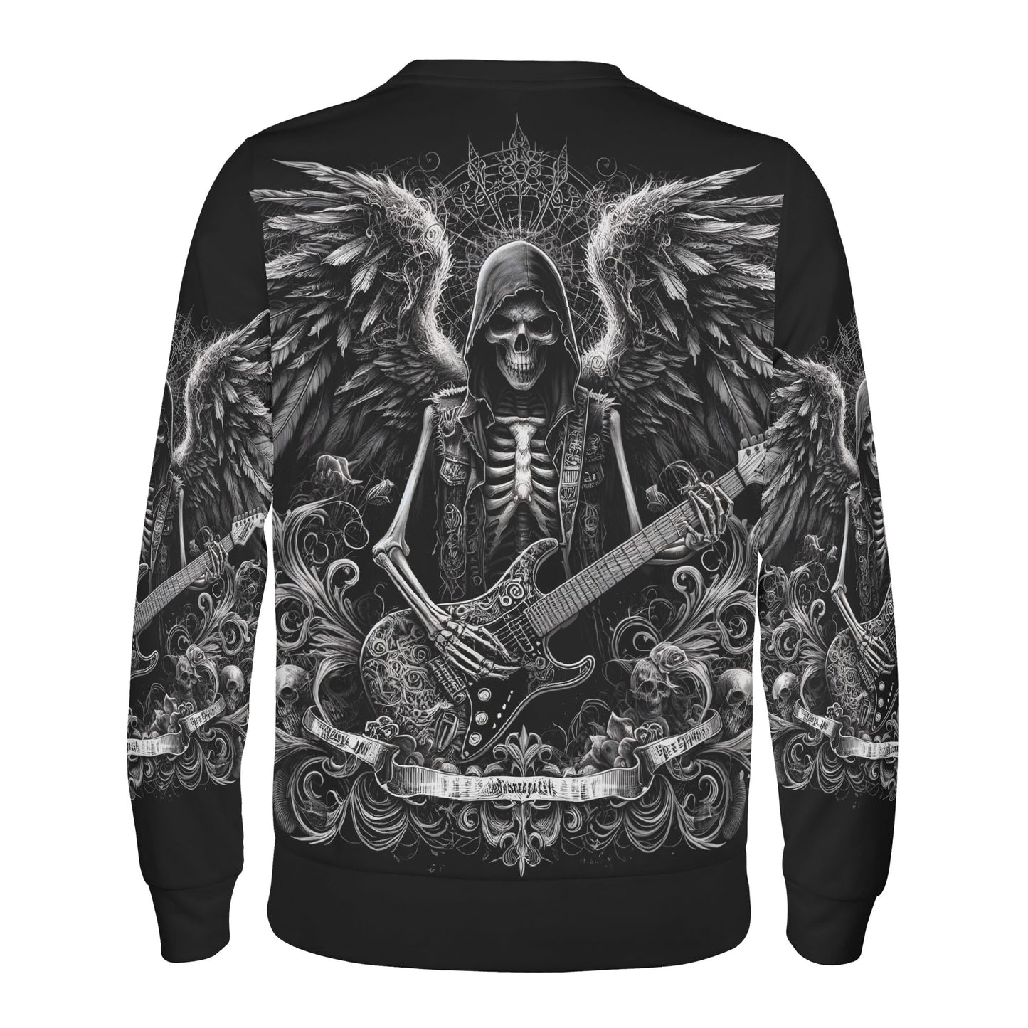 Loud and Lethal Ghoulish Guitarist Poly French Terry Sweatshirt unisex black sweatshirt with winged skeleton and guitar