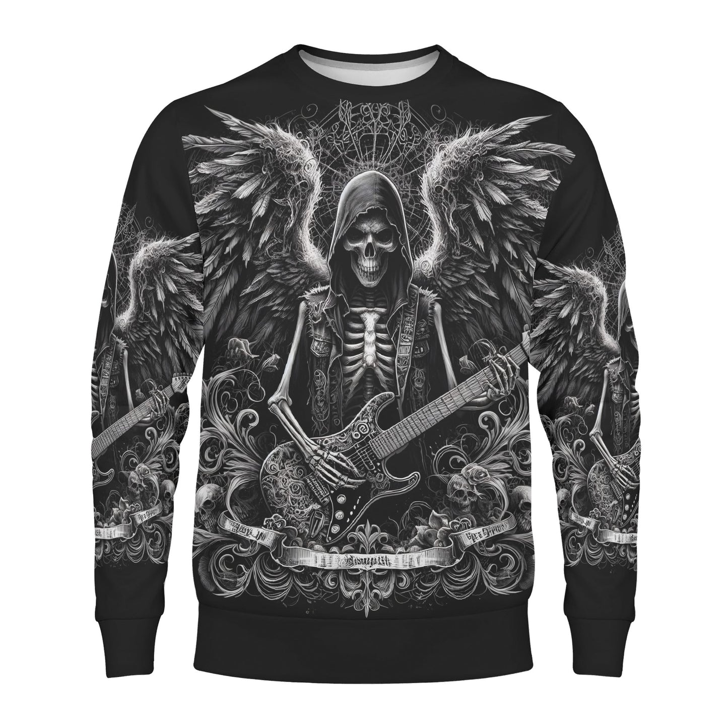 Ghoulish Guitarist Poly French Terry Sweatshirt unisex black sweater with skeletal guitarist wings and electric guitar
