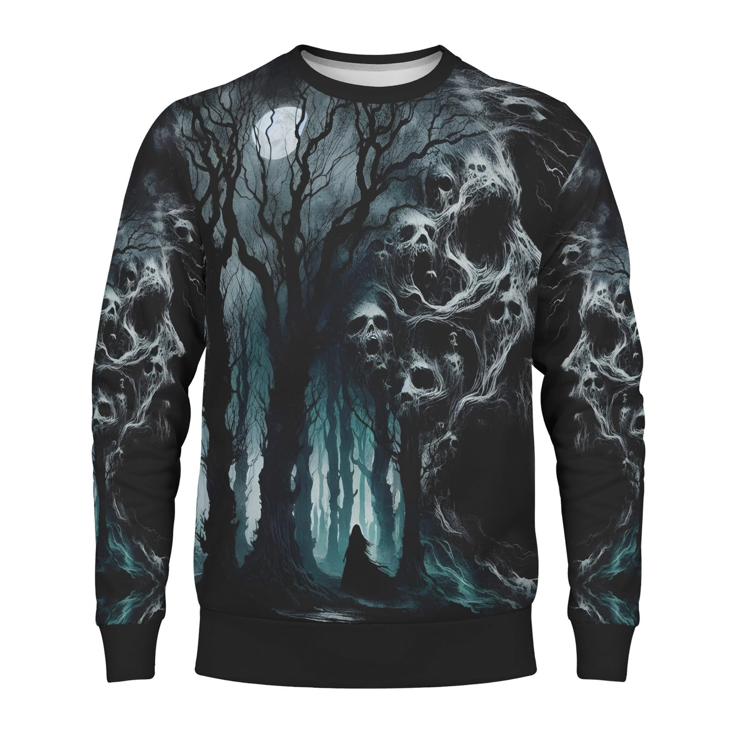 Nightmare Grove Poly French Terry Sweatshirt unisex dark forest skulls moon cloaked figure design