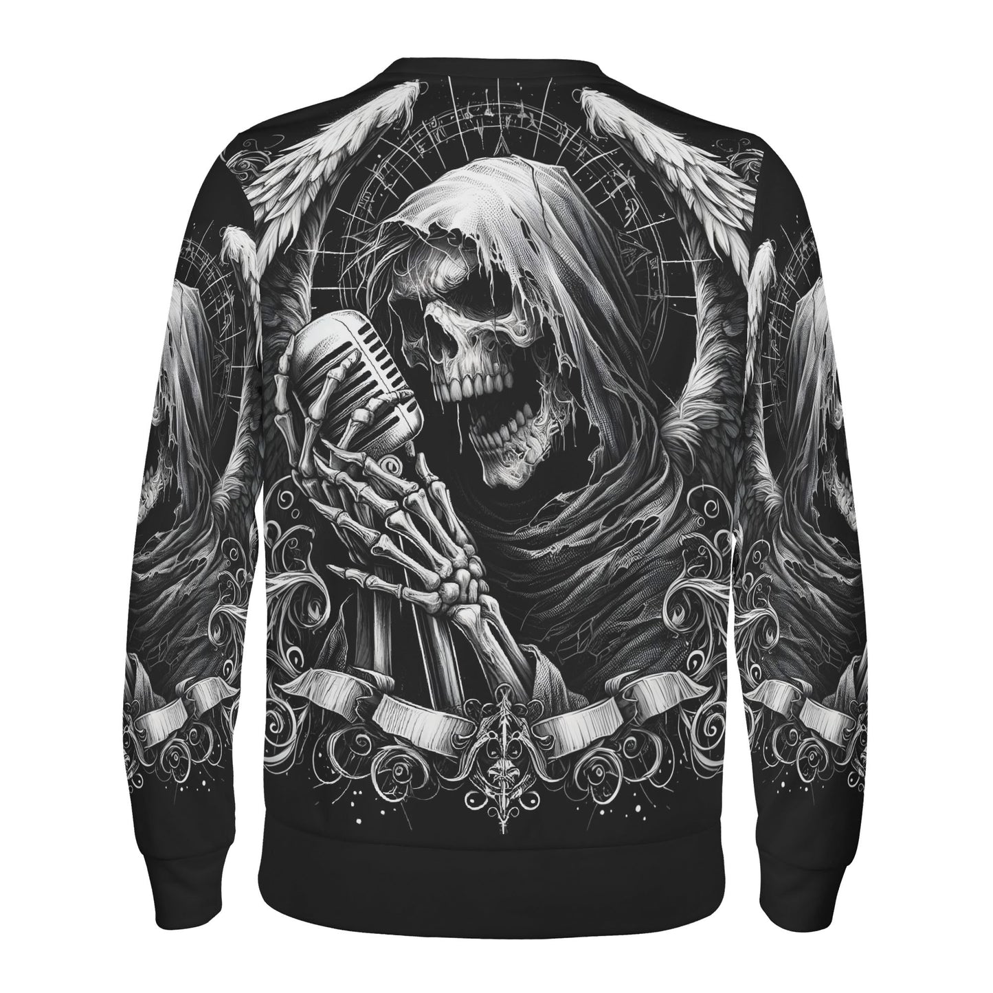 Loud and Lethal unisex sweater with hooded skull singer and wings holding vintage mic Shadowy Singer Cotton Terry Sweatshirt