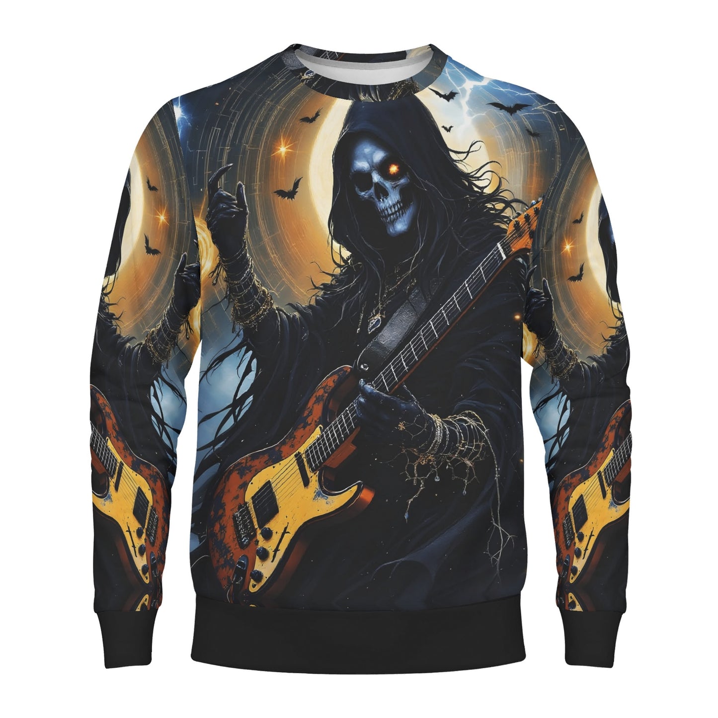 Loud and Lethal unisex sweater Death Metal Muse Poly French Terry Sweatshirt showing hooded skeleton guitarist and bats
