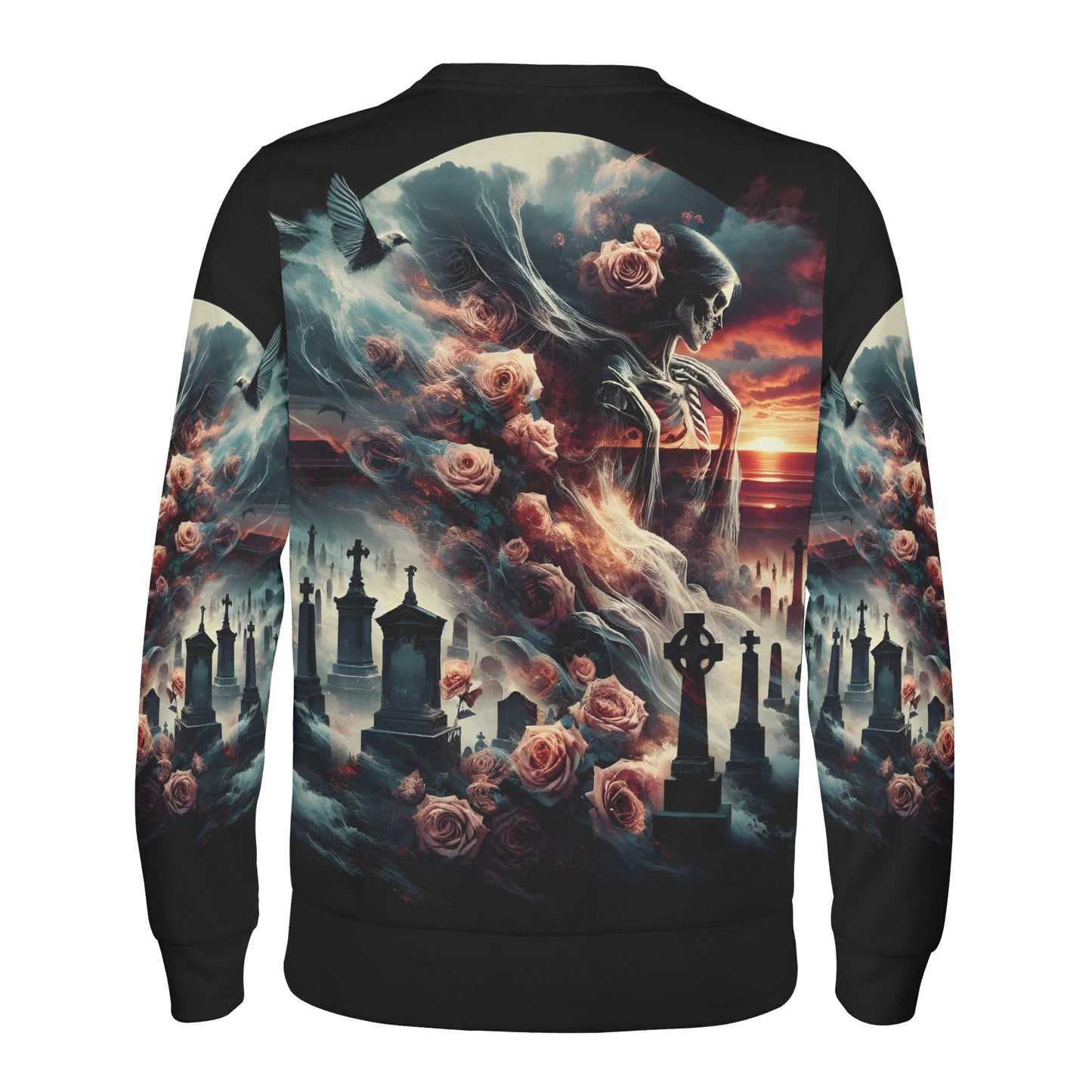 Graveyard Requiem Poly French Terry Sweatshirt unisex sweater showing skull spirit surrounded by roses and cemetery sunset print