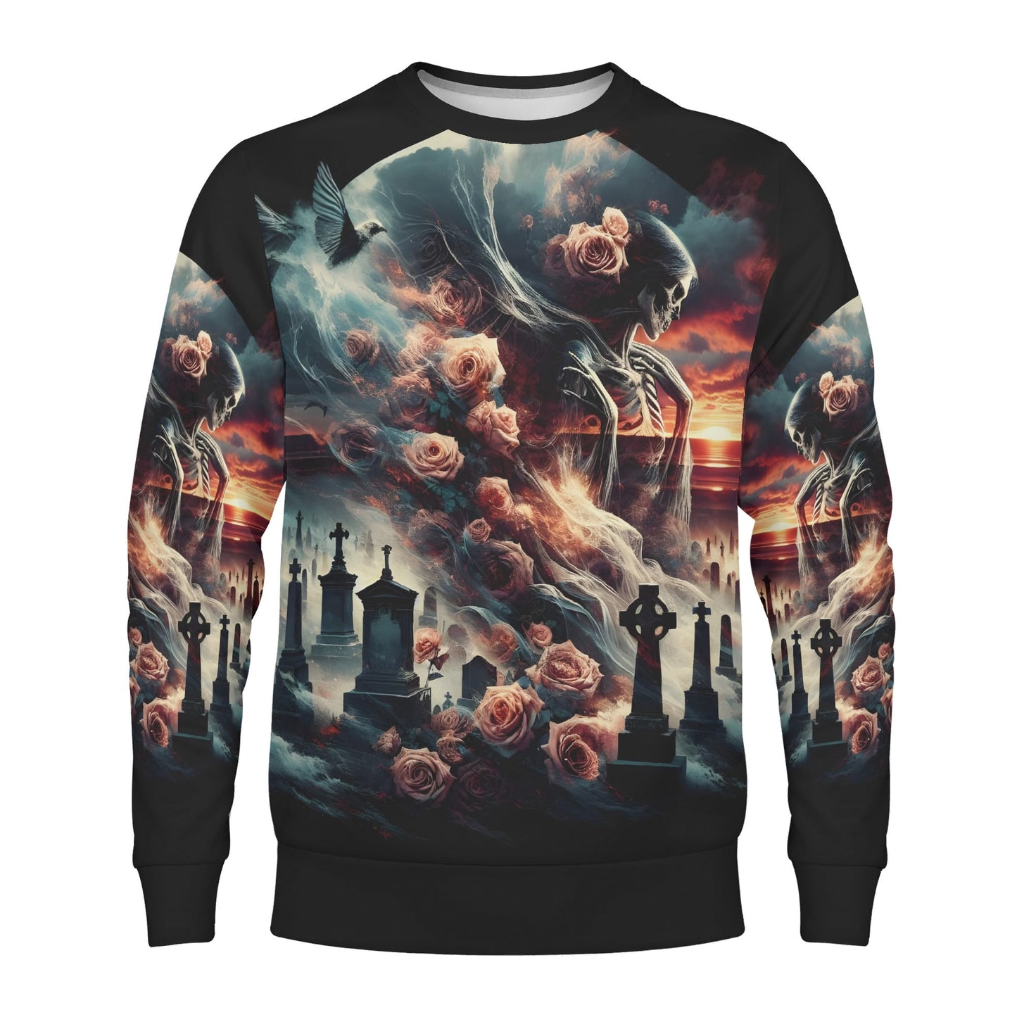 Graveyard Requiem Poly French Terry Sweatshirt unisex by Loud and Lethal with gothic cemetery skull and rose print