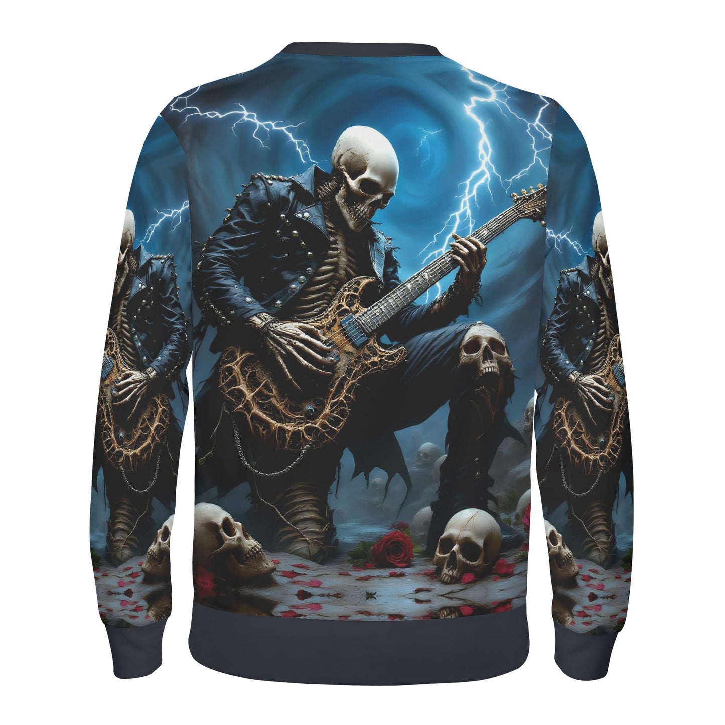 Loud and Lethal sweater featuring skeleton guitarist skulls roses and lightning Guitar of the Damned Poly French Terry Sweatshirt.