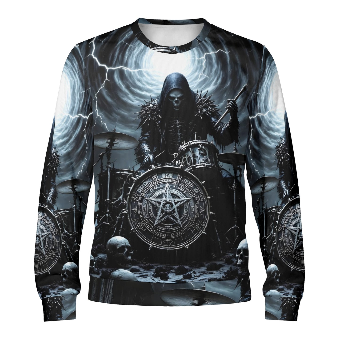 Drummer of the Fallen Poly French Terry Sweatshirt unisex sweater showing grim reaper drummer and stormy drum kit