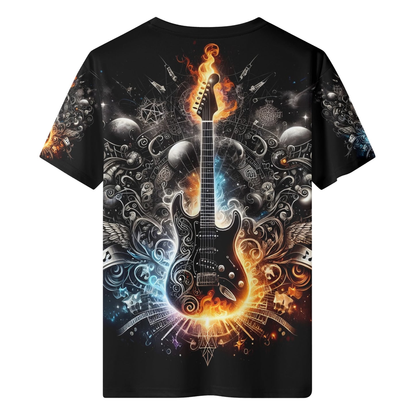 Guitar Galaxy 100 Cottton T-Shirt with vibrant flaming electric guitar design on black unisex tee