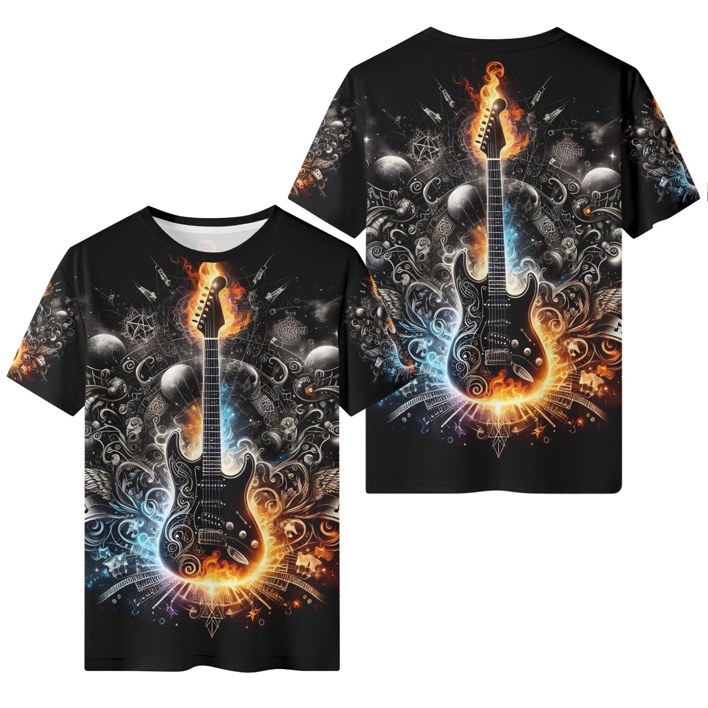 Unisex Guitar Galaxy 100 Cottton T-Shirt featuring a flaming electric guitar design on black background
