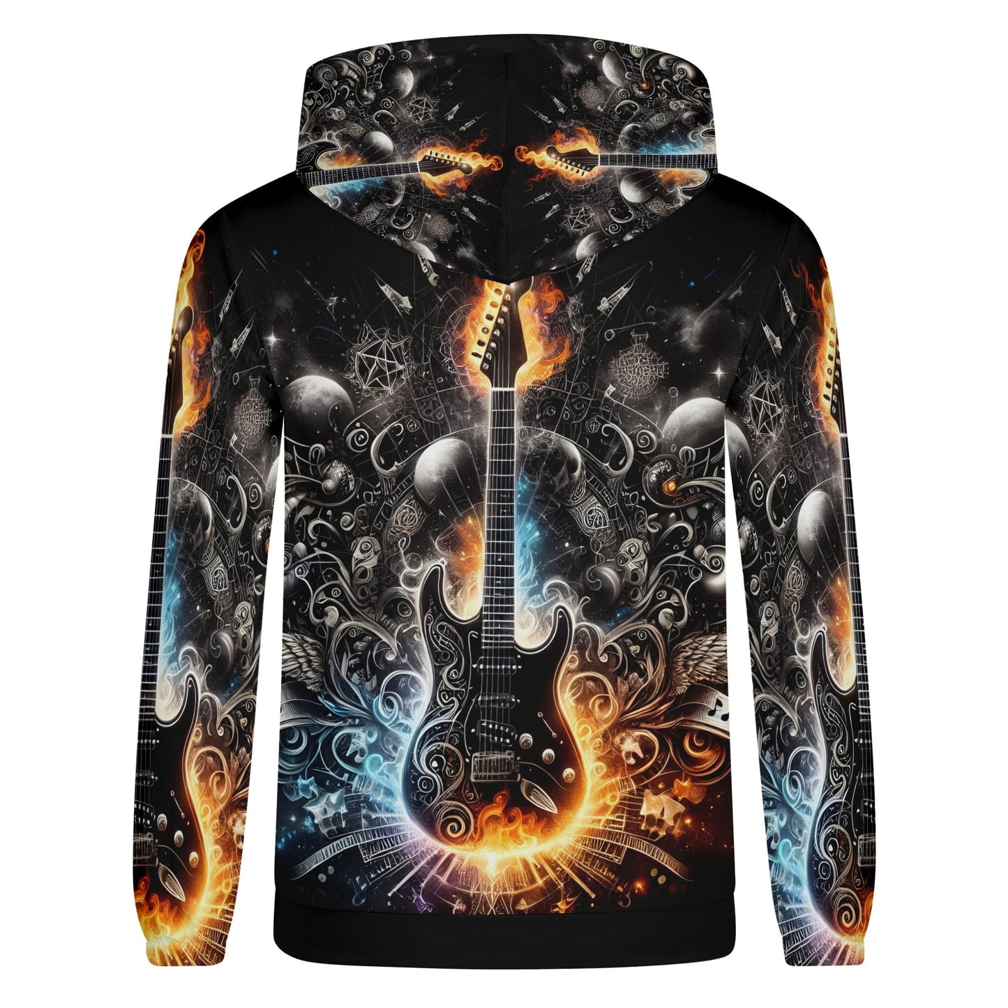 Loud and Lethal Guitar Galaxy poly french terry hoodie with vibrant electric guitar and cosmic design