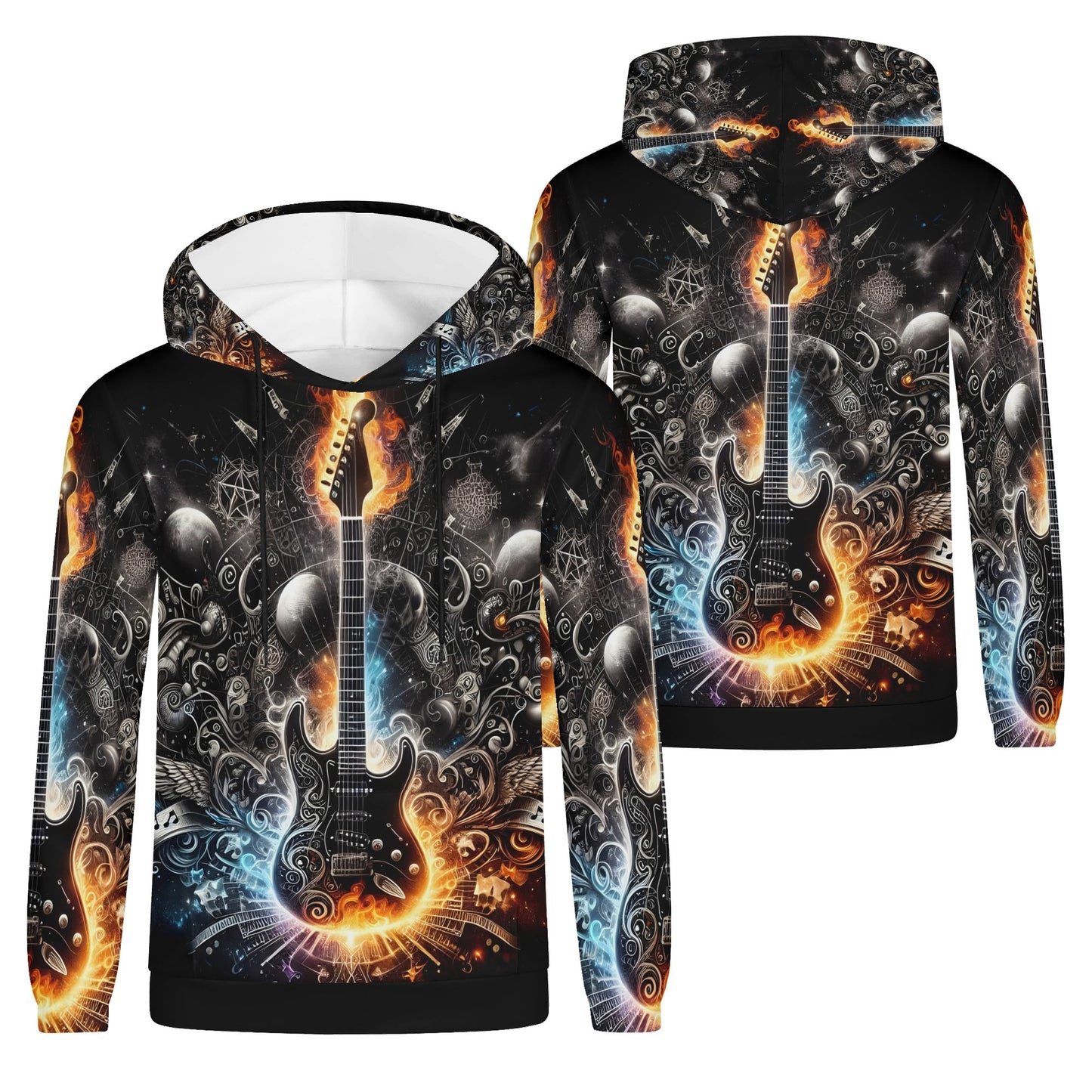 Guitar Galaxy poly french terry hoodie by Loud and Lethal featuring fiery electric guitar with cosmic galaxy design