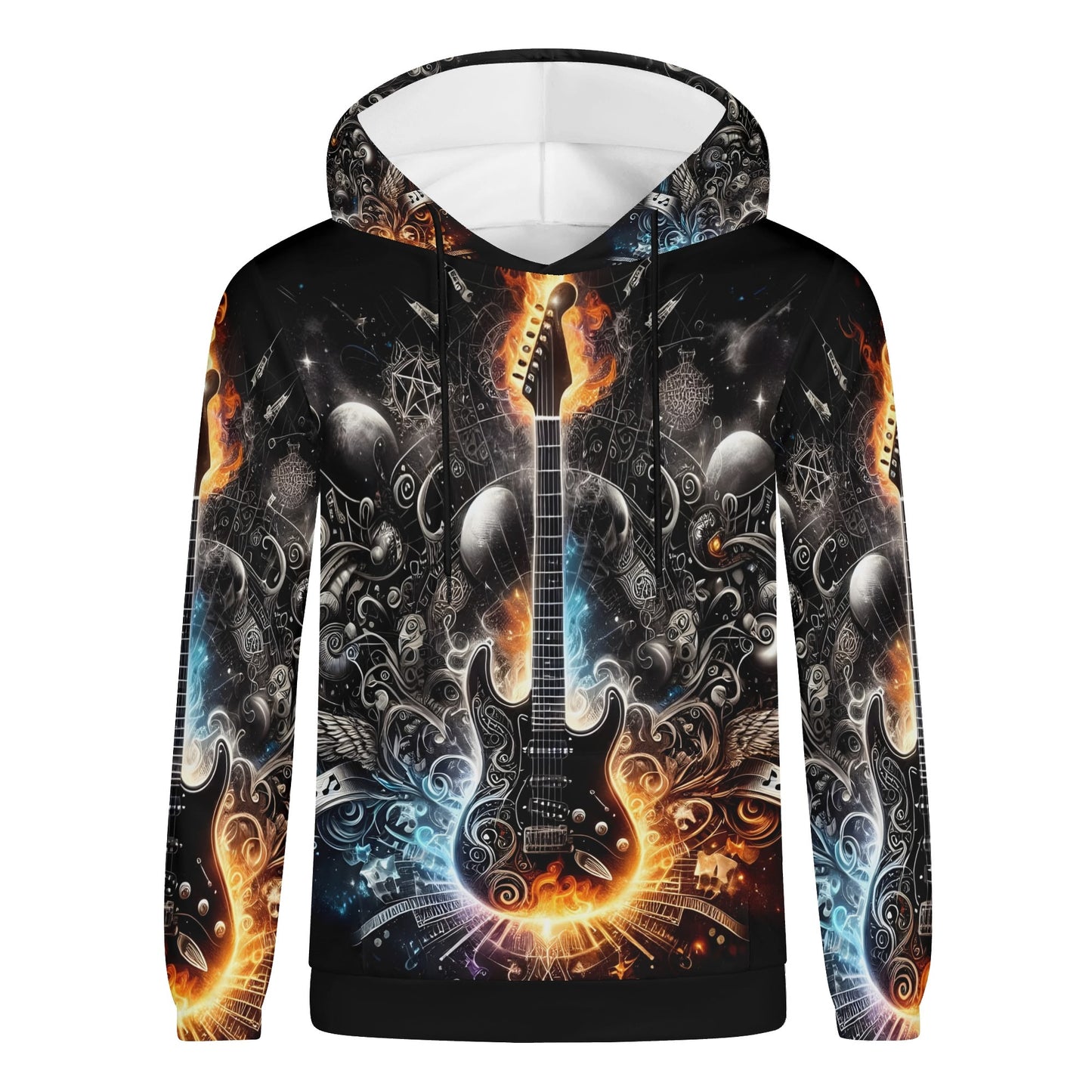 Guitar Galaxy poly french terry hoodie by Loud and Lethal featuring vibrant electric guitar and cosmic flame design