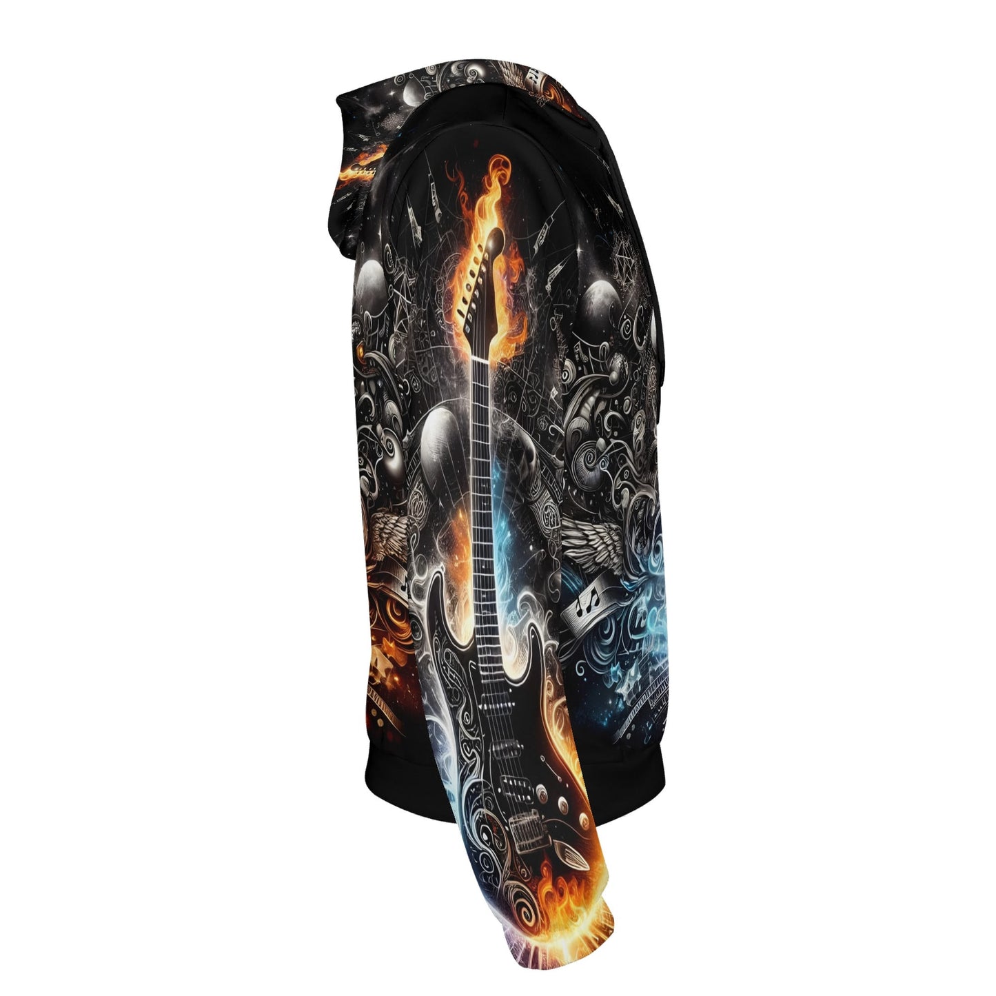Loud and Lethal Guitar Galaxy poly french terry hoodie with fiery guitar and dark cosmic design