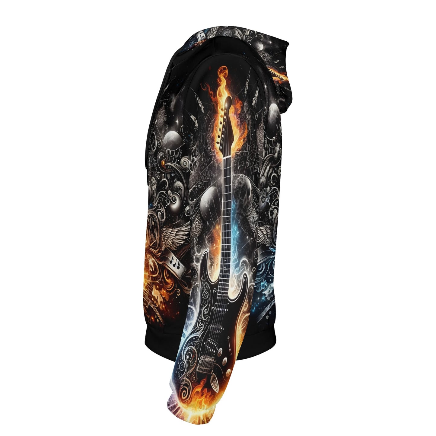 Guitar Galaxy poly french terry hoodie by Loud and Lethal featuring fiery guitar and cosmic design