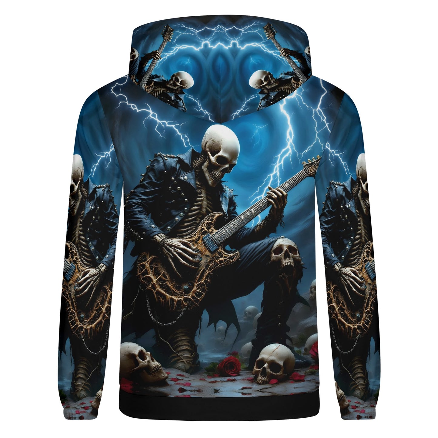 Loud and Lethal Guitar of the Damned Cotton Terry Hoodie with skeleton playing electric guitar and lightning background
