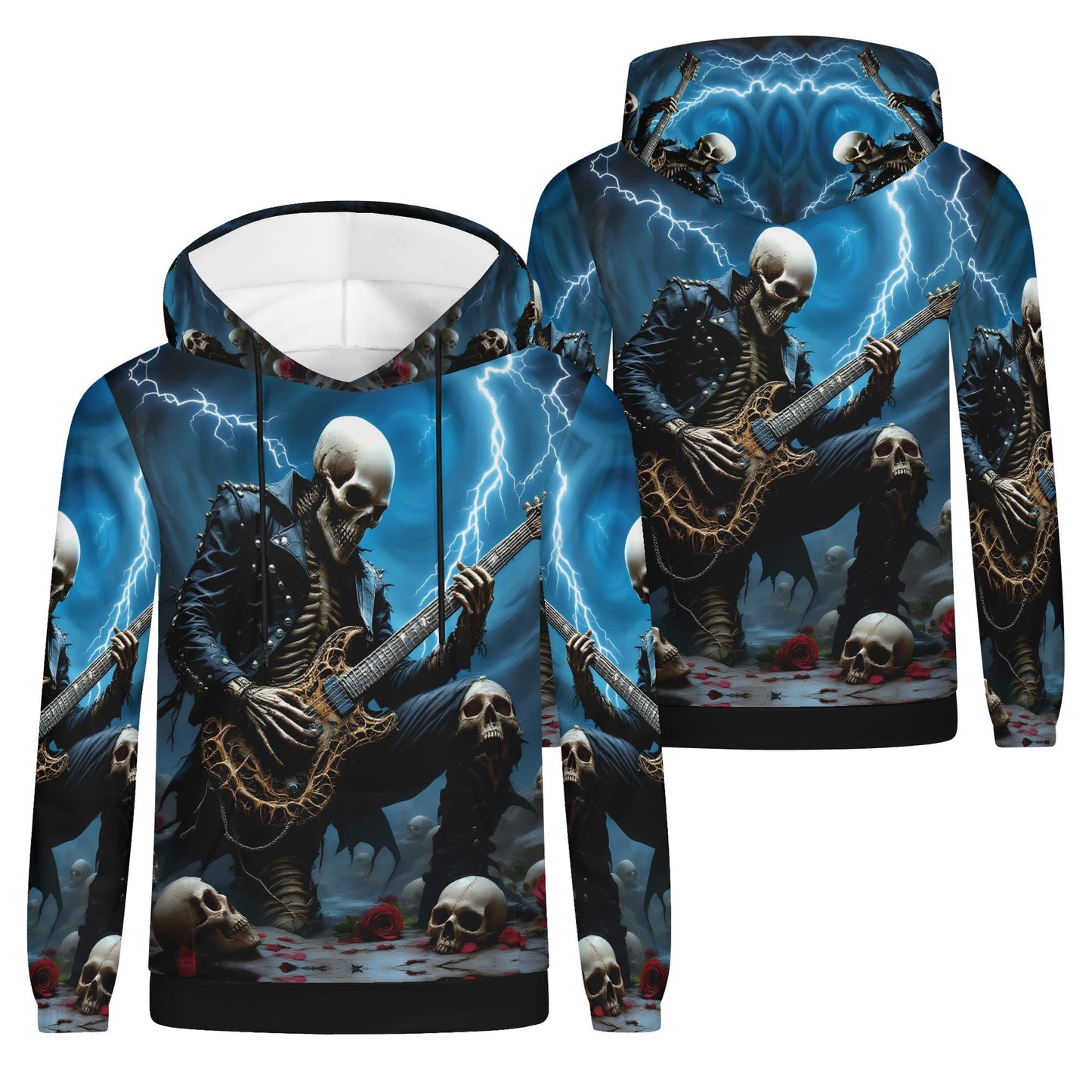 Guitar of the Damned Cotton Terry Hoodie featuring skeleton playing electric guitar with lightning background