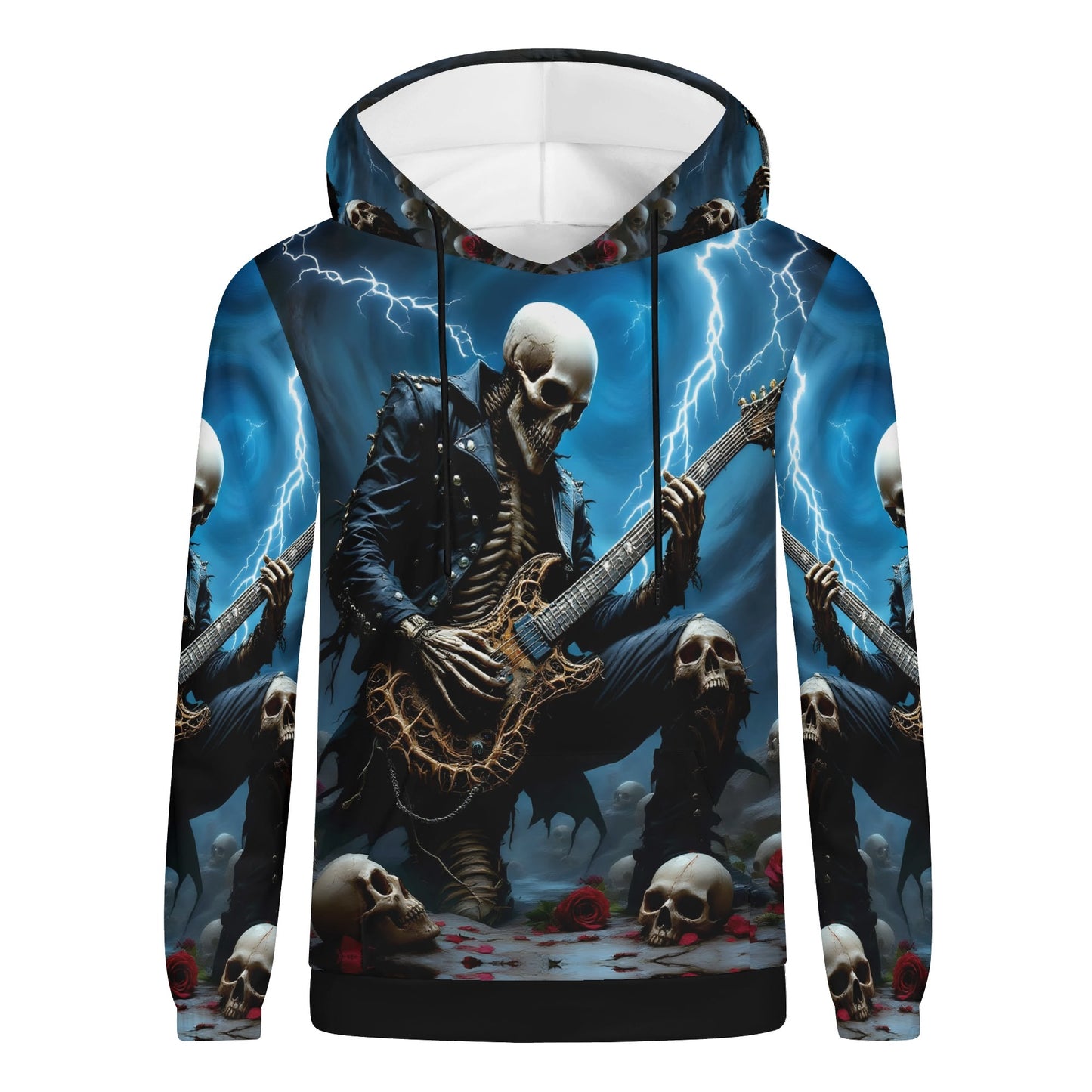 Guitar of the Damned Cotton Terry Hoodie featuring skeleton playing electric guitar with storm background