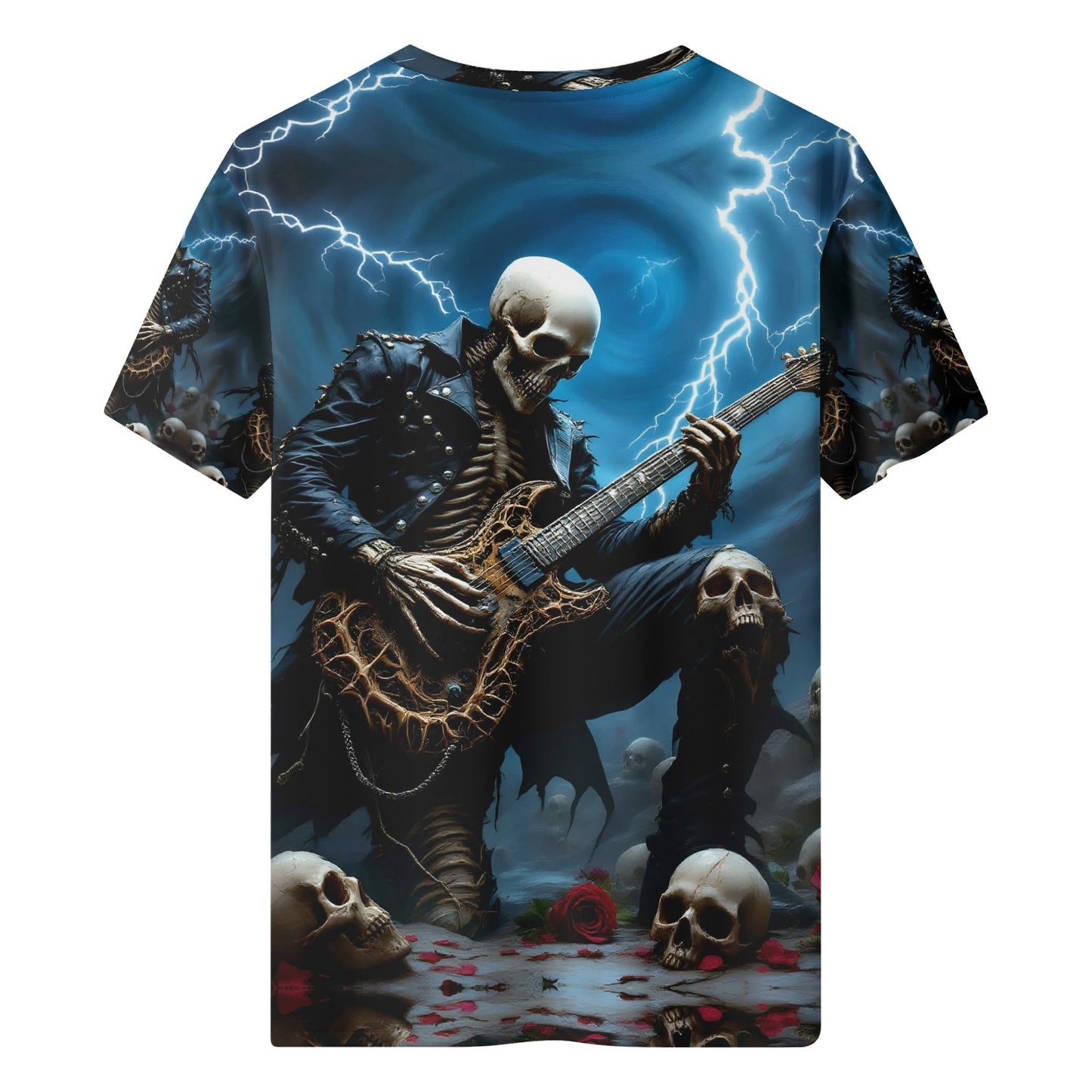 Guitar of the Damned Lycra T-Shirt featuring a skeleton playing electric guitar with lightning and skulls background