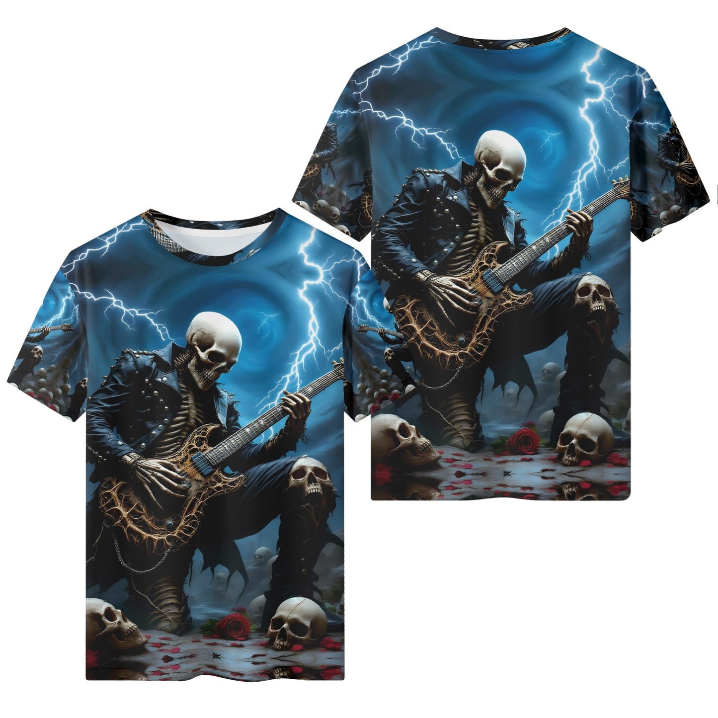 Guitar of the Damned Lycra T-Shirt featuring skeleton playing guitar with lightning and skulls all over print