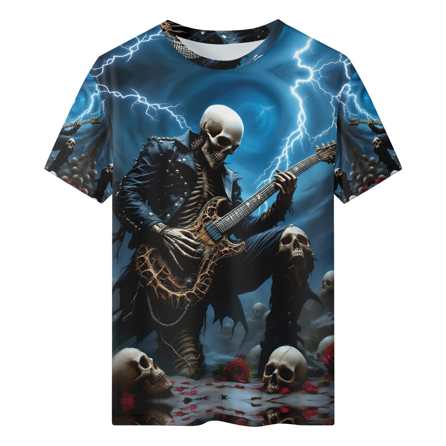 Guitar of the Damned Lycra T-Shirt by Loud and Lethal featuring skeleton guitarist in stormy scene with skulls