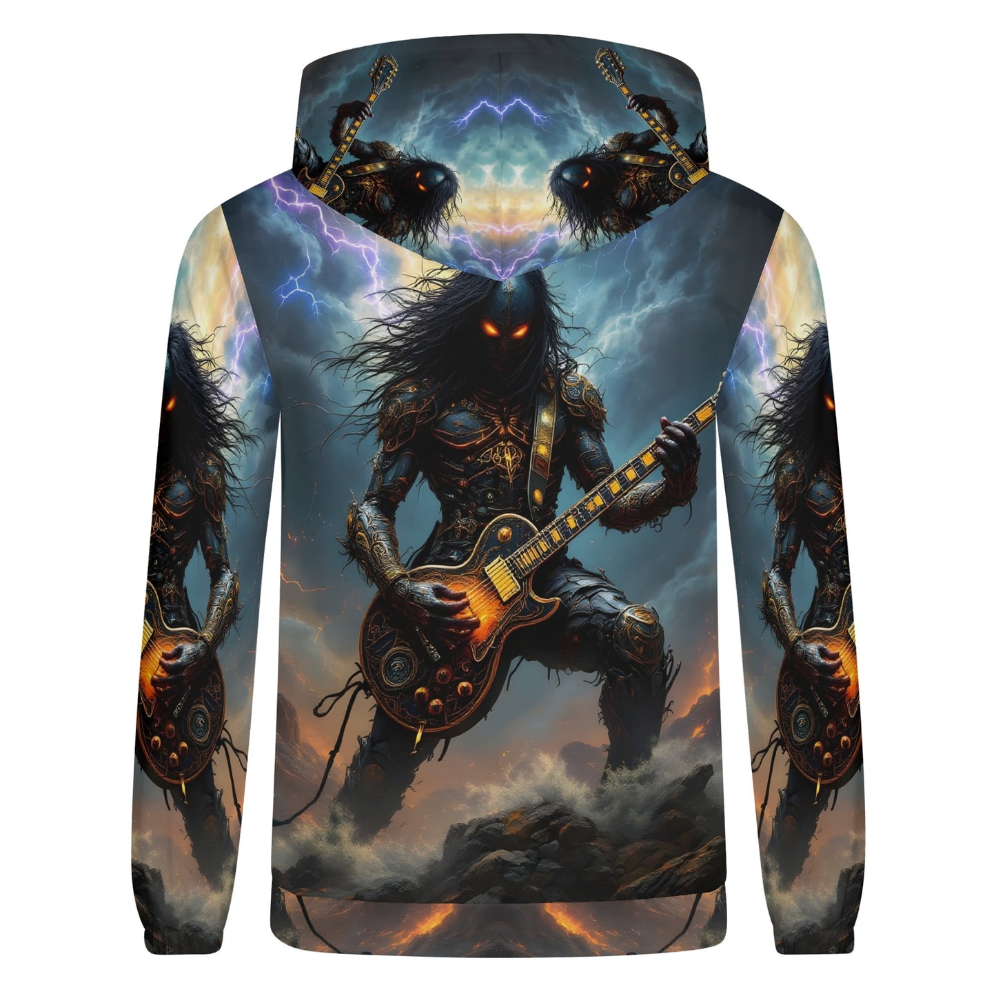 Back view of Loud and Lethal Guitar of the Gods Poly French Terry hoodie featuring dark warrior playing guitar design
