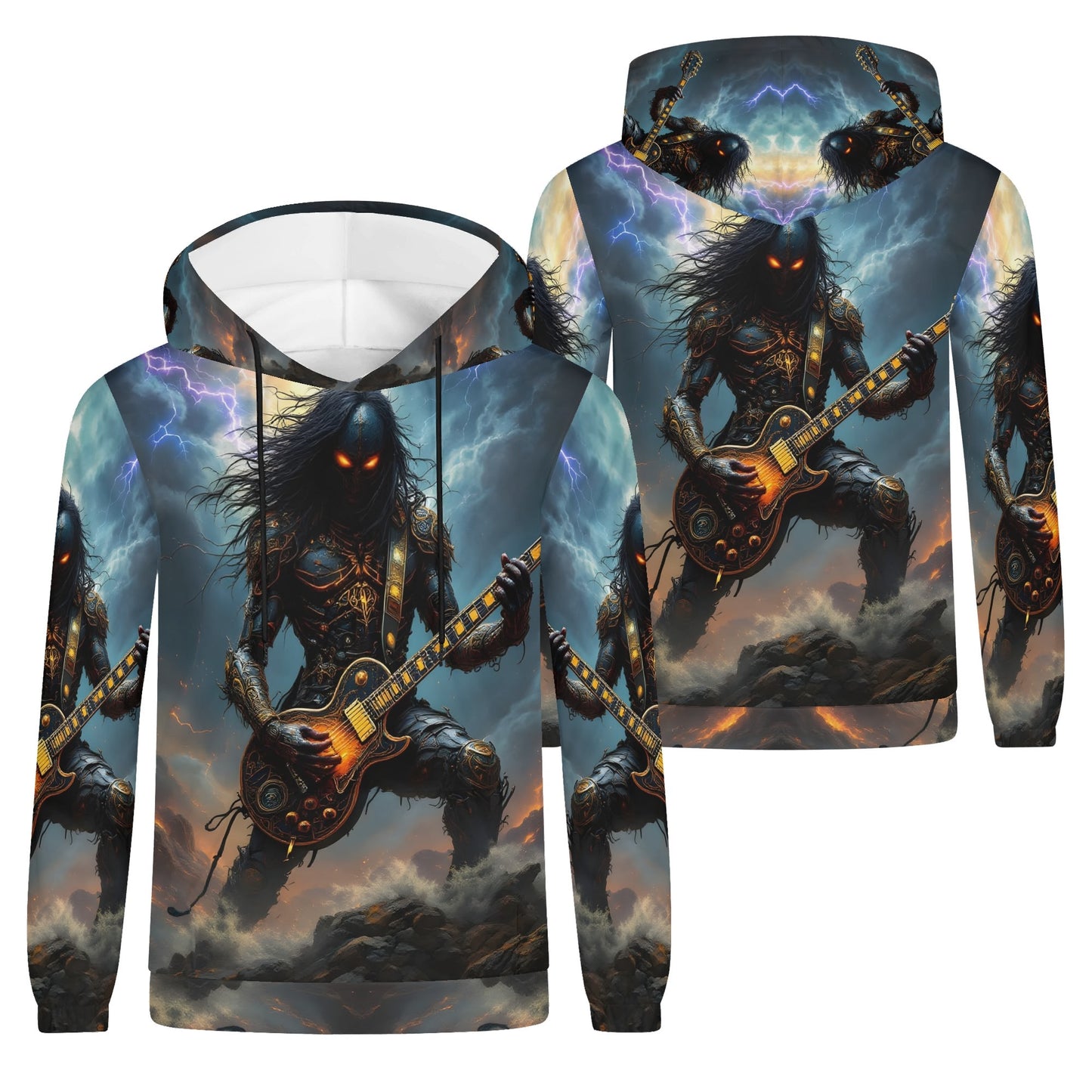 Guitar of the Gods Poly French Terry hoodie featuring a dark warrior playing electric guitar in stormy background