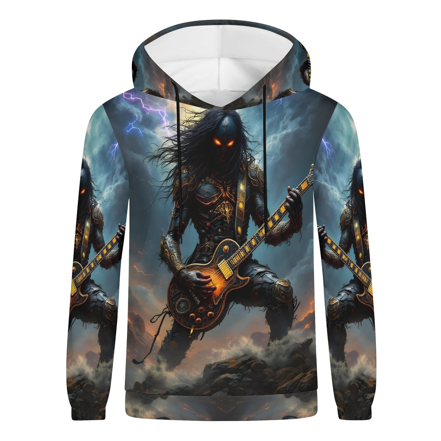 Unisex Guitar of the Gods Poly French Terry hoodie with dark fantasy guitarist design and lightning background