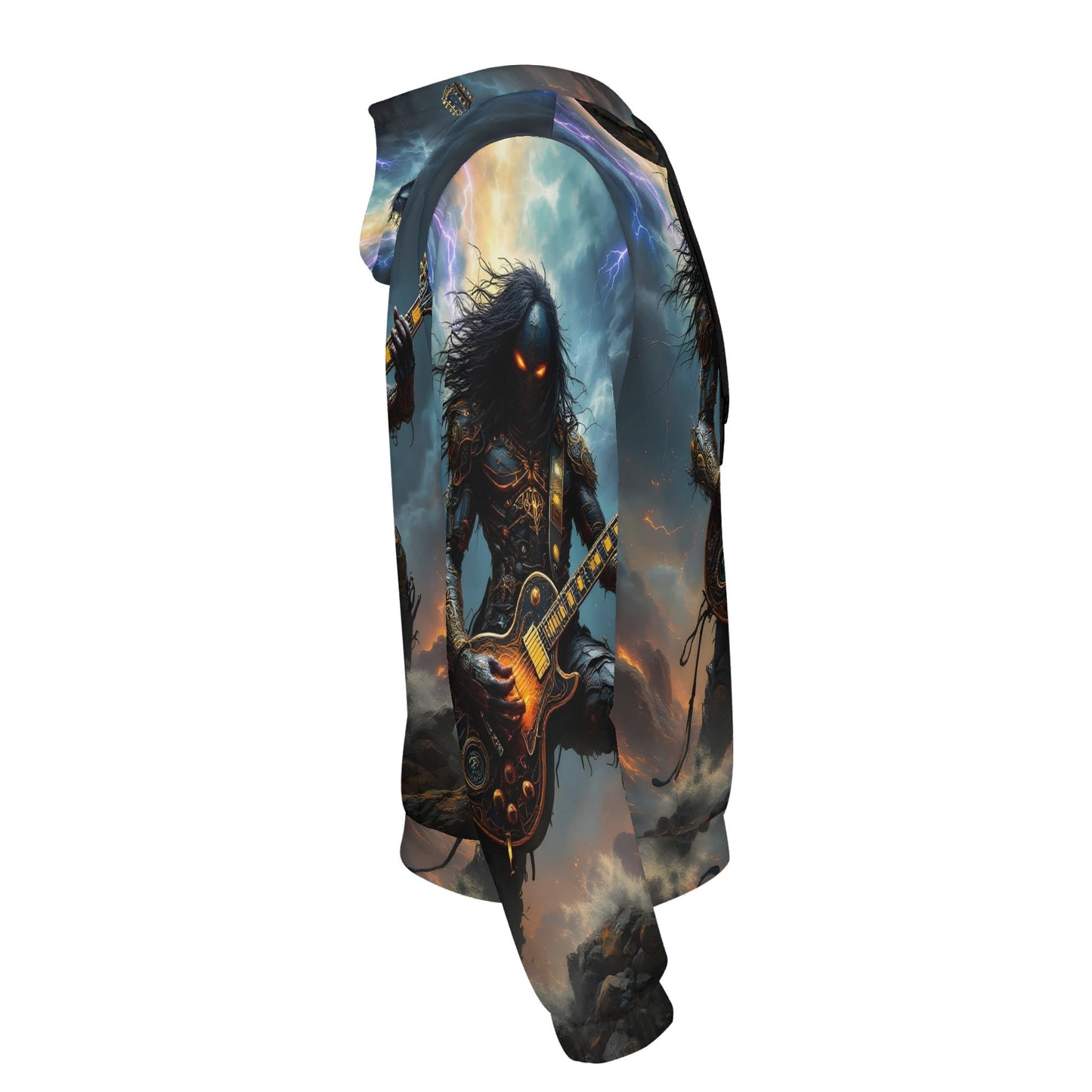 Side view of Loud and Lethal Guitar of the Gods Poly French Terry hoodie with dark guitar player design