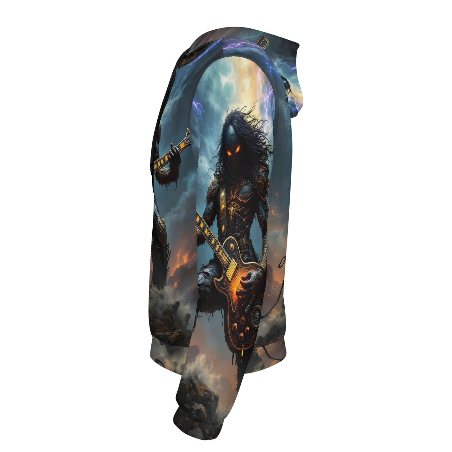 Side view of Loud and Lethal Guitar of the Gods Poly French Terry hoodie with dark fantasy guitarist design
