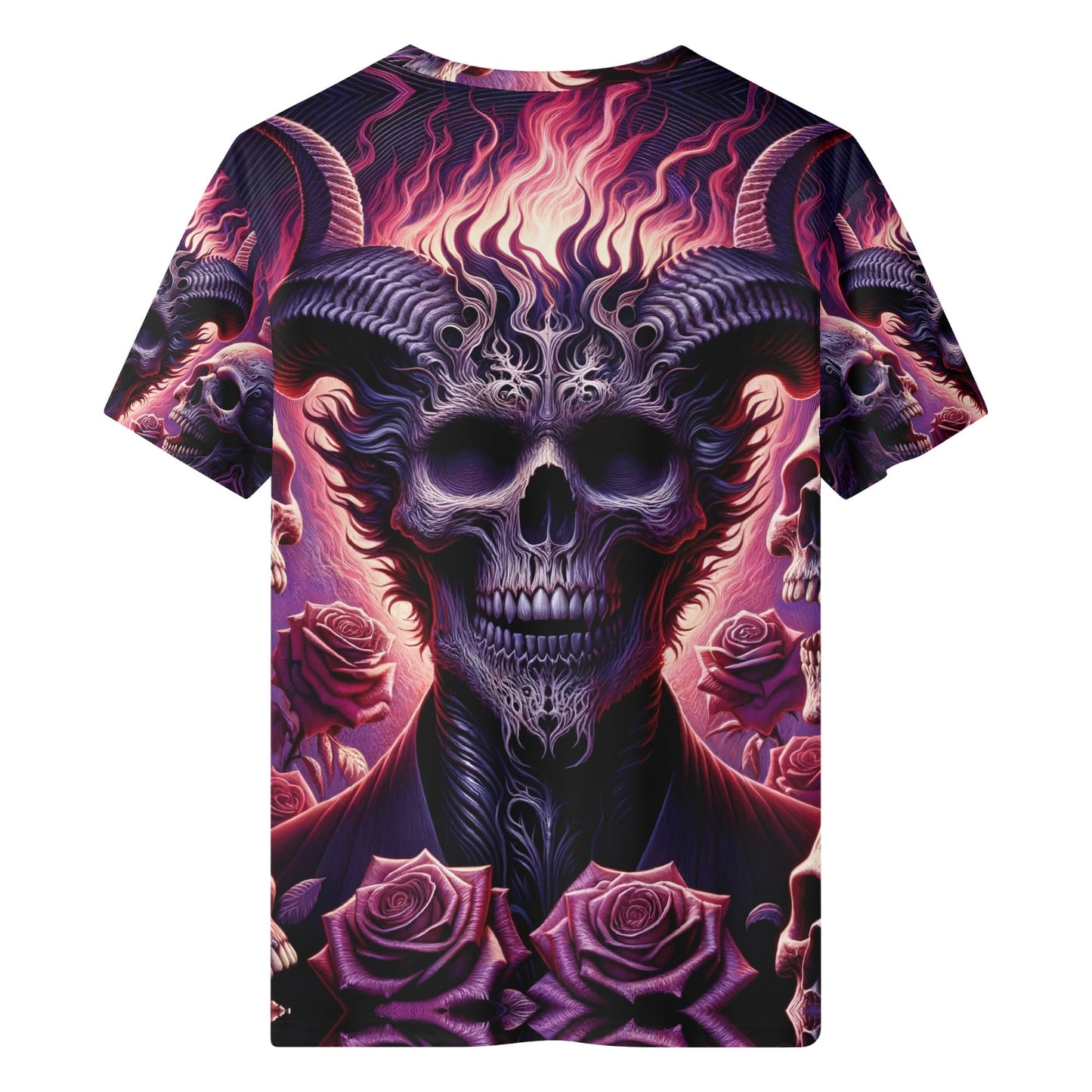 Harbinger Of Surreal Defiance 100 Cotton T-Shirt with dark skull and horns design surrounded by roses