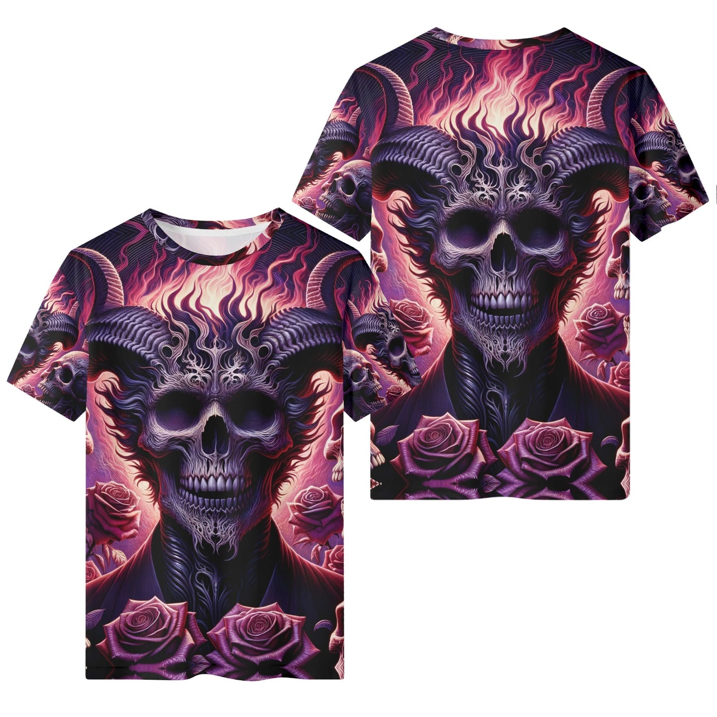Harbinger Of Surreal Defiance 100 Cotton T-Shirt featuring dark skull with flaming horns and roses design