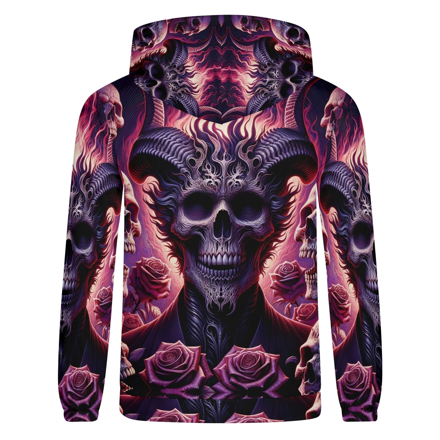 Harbinger of Surreal Defiance Poly French Terry hoodie with dark skull and rose design in purple and black