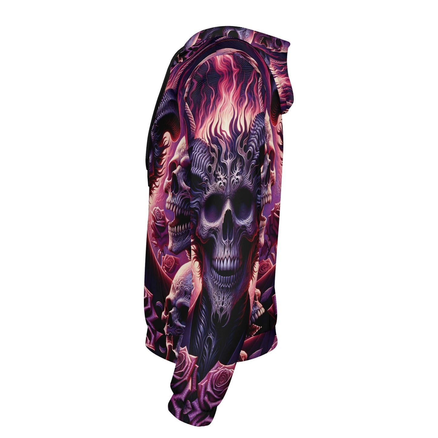 Loud and Lethal Harbinger of Surreal Defiance Poly French Terry hoodie with flaming skull design in dark purple and red